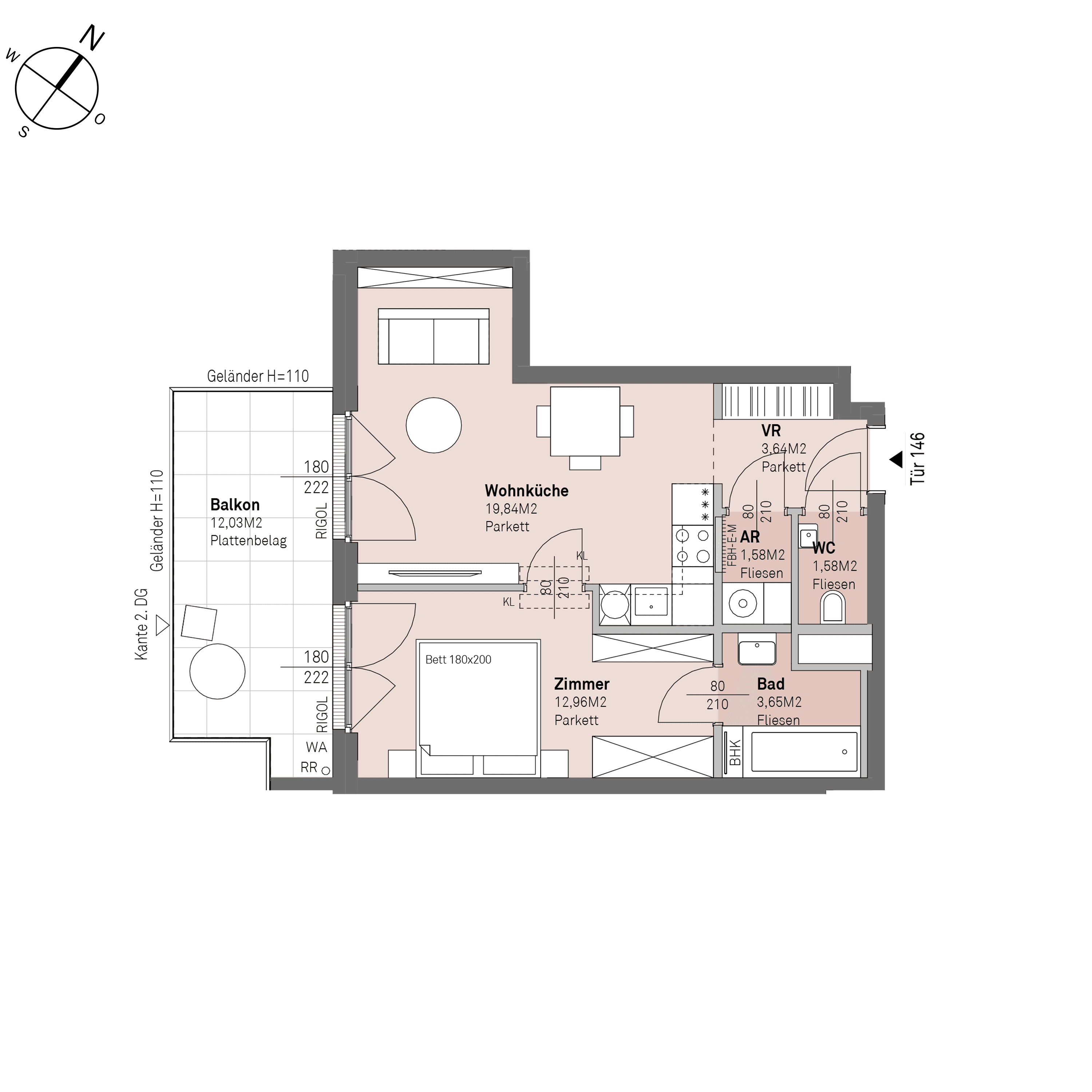 Grundriss Top 1/146 — Traisengasse 20–22 — 2 Zimmer — 43,3 m² — 1st attic floor — S/W