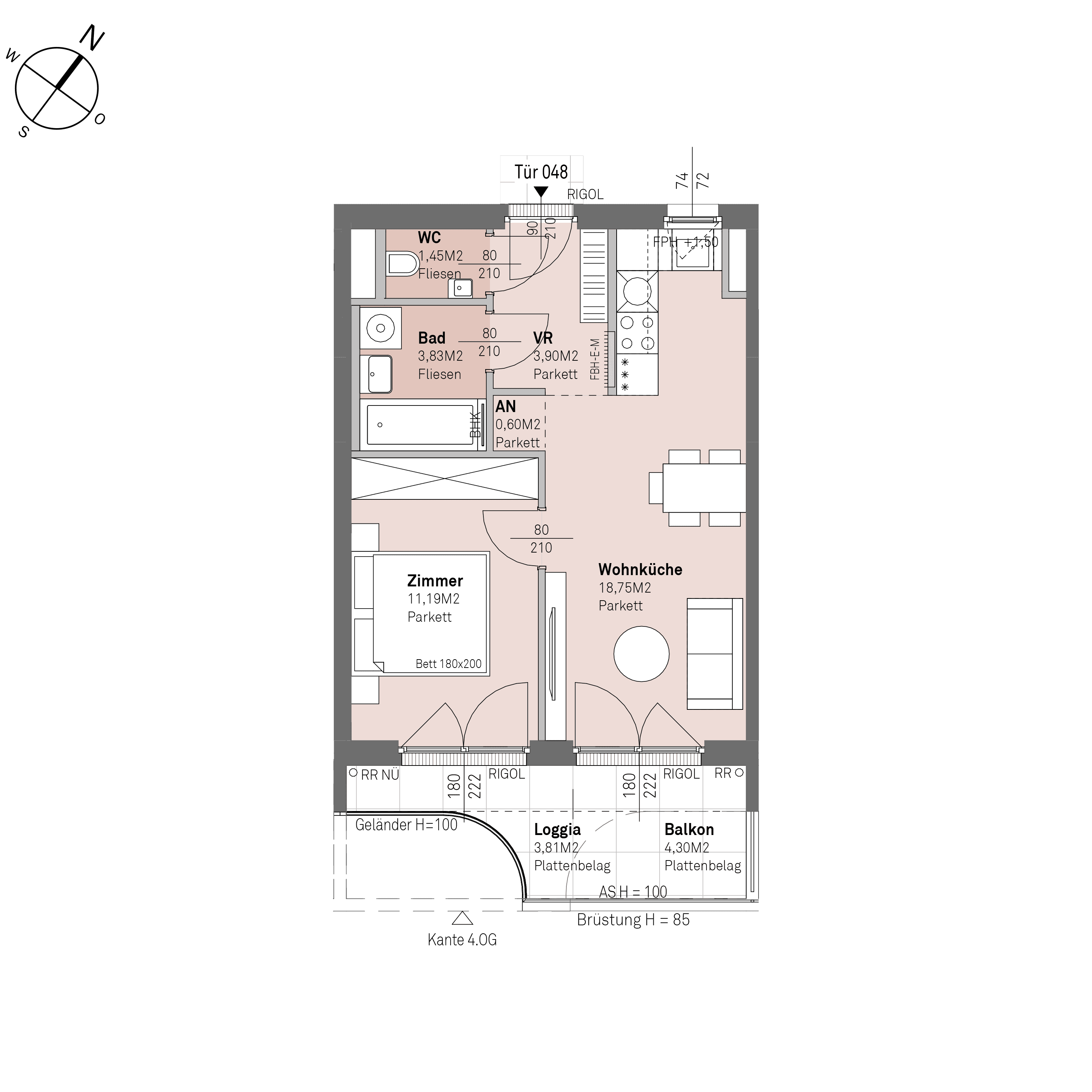 Grundriss Top 2/48 — Traisengasse 20–22 — 2 Zimmer — 39,7 m² — 3rd floor — O/S