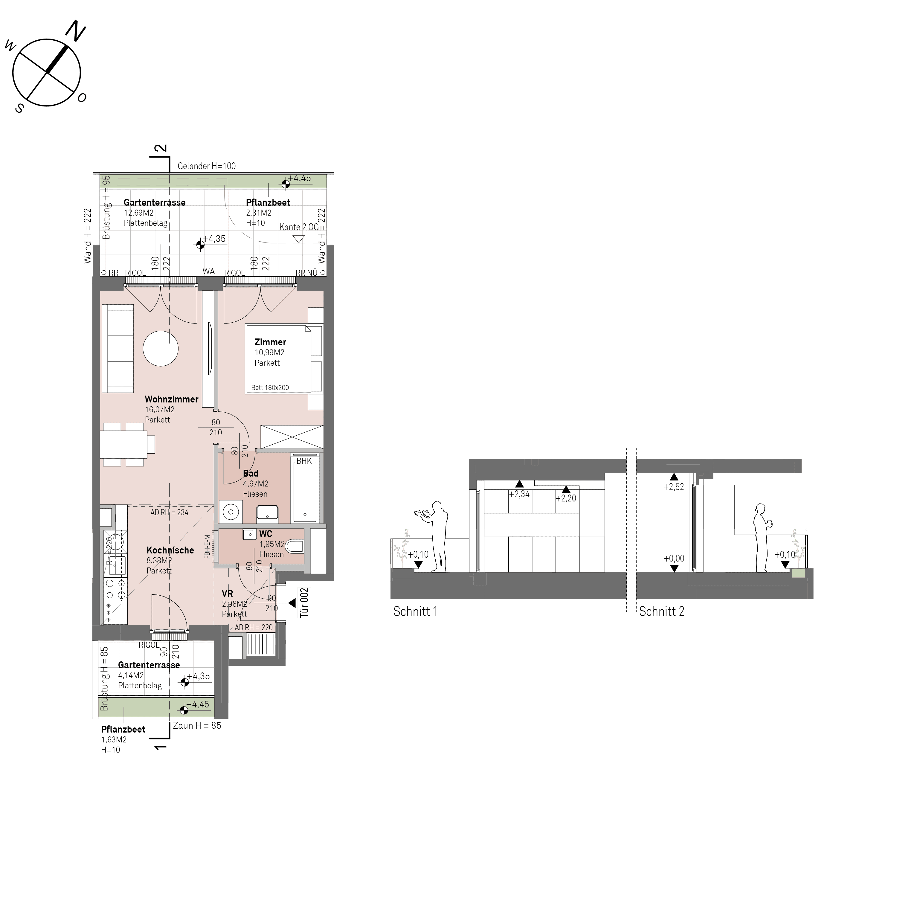 Grundriss Top 1/2 — Traisengasse 20–22 — 2 Zimmer — 45 m² — 1st floor — N/W