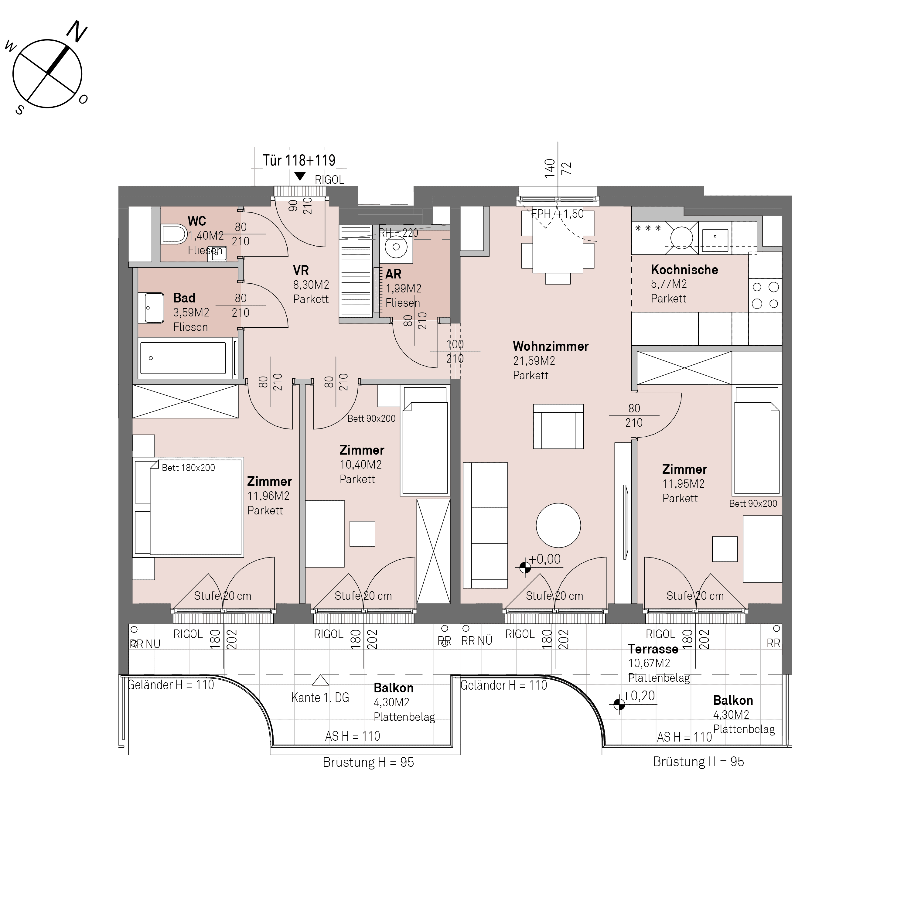 Grundriss Top 2/118+119 — Traisengasse 20–22 — 4 Zimmer — 77 m² — 6th floor — O/S