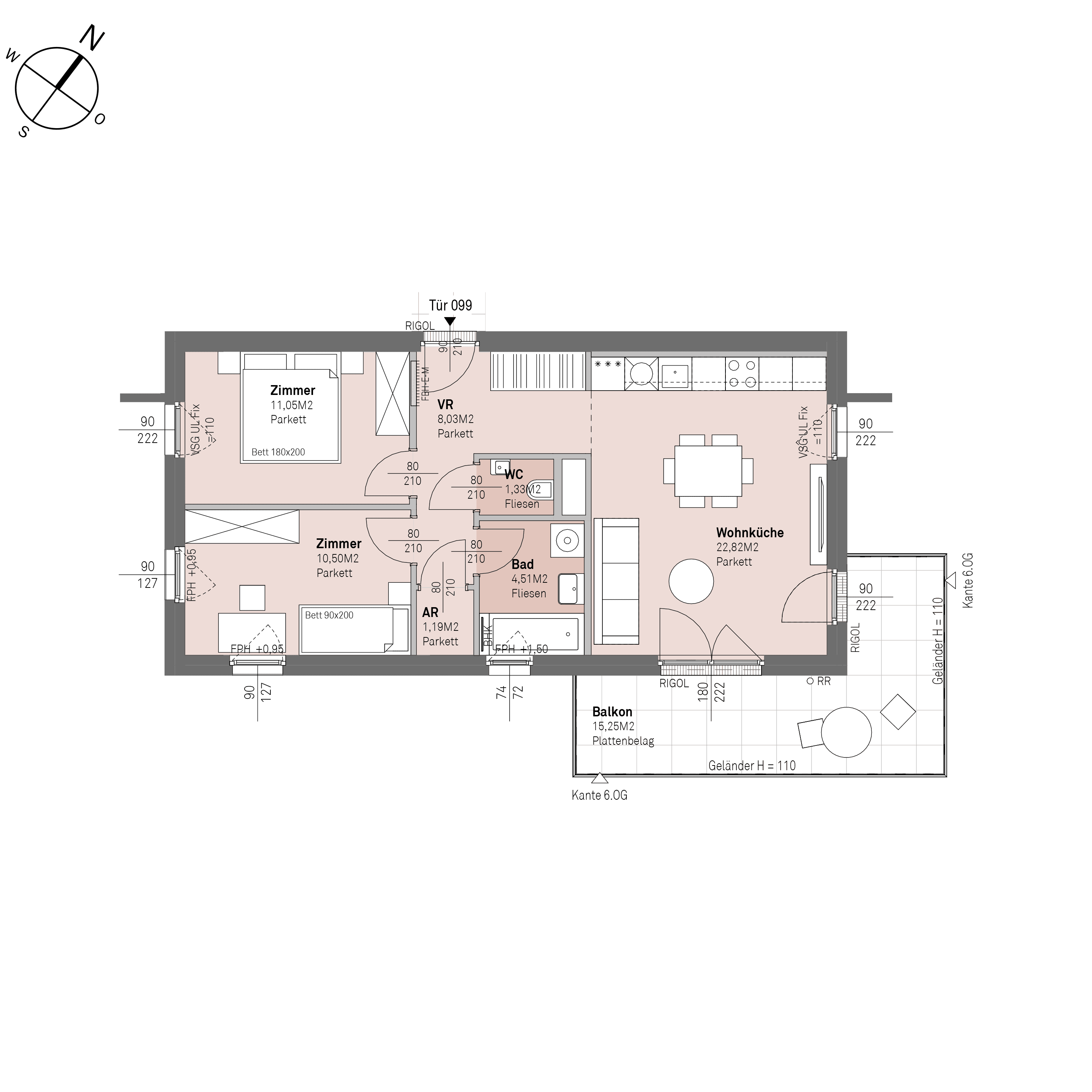 Grundriss Top 1/99 — Traisengasse 20–22 — 3 Zimmer — 59,4 m² — 5th floor