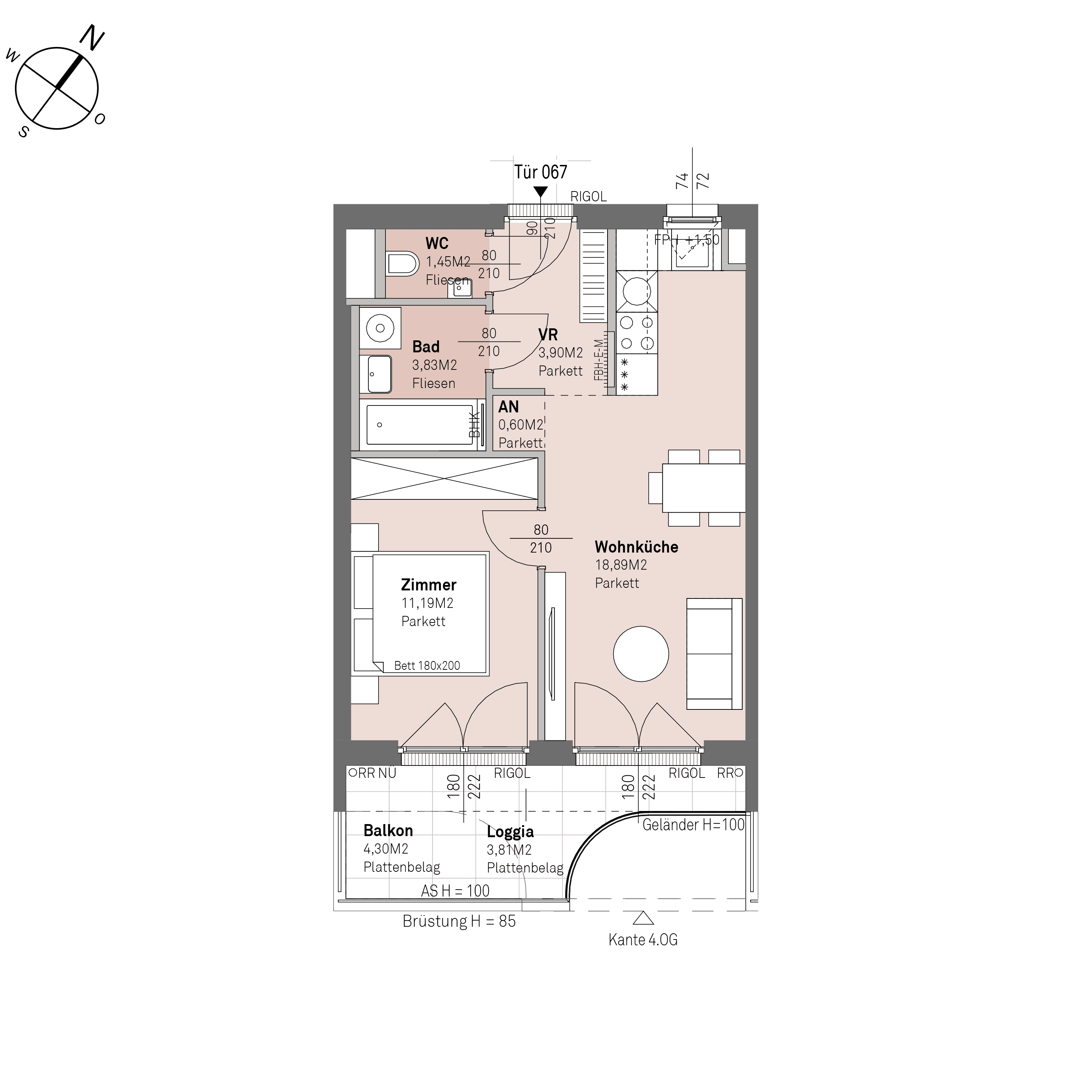 Grundriss Top 1/67 — Traisengasse 20–22 — 2 Zimmer — 39,9 m² — 3rd floor — O/S