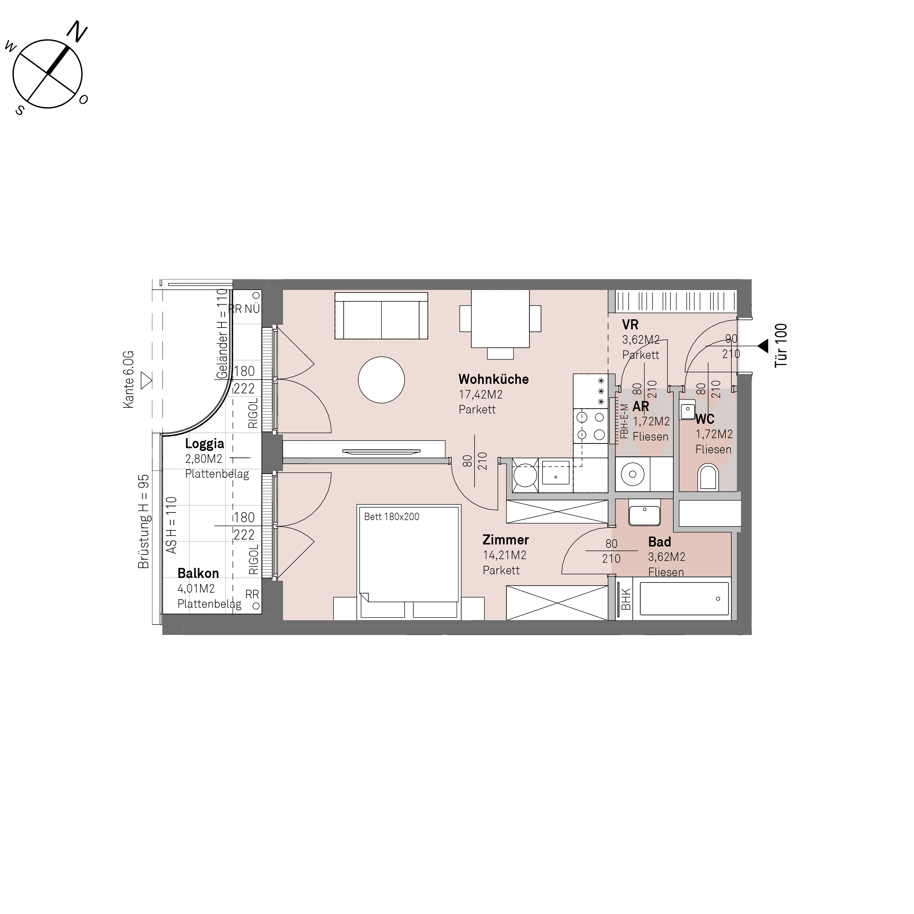 Grundriss Top 2/100 — Traisengasse 20–22 — 2 Zimmer — 42,3 m² — 5th floor — S/W