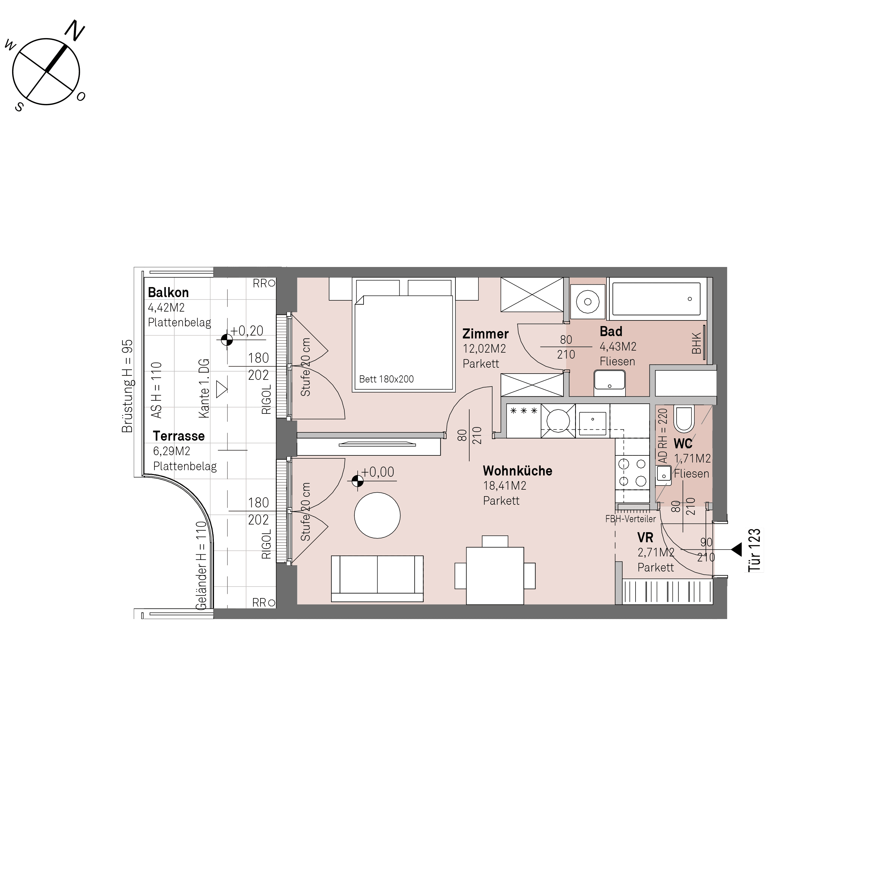 Grundriss Top 2/123 — Traisengasse 20–22 — 2 Zimmer — 39,3 m² — 6th floor — S/W
