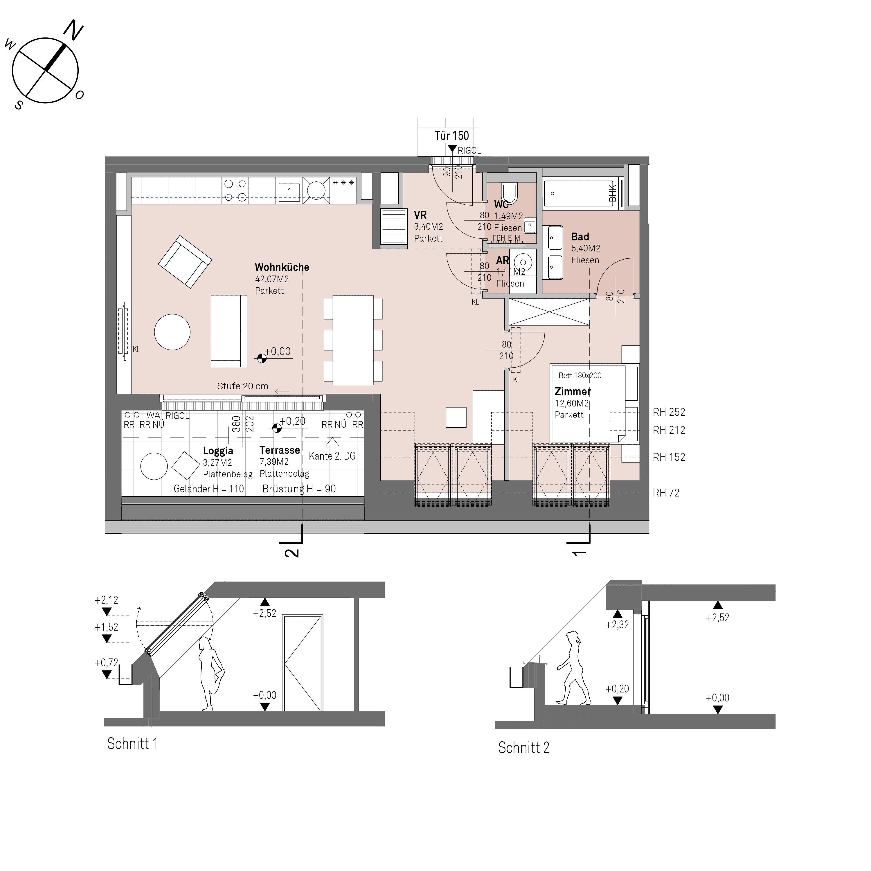 Grundriss Top 1/150 — Traisengasse 20–22 — 2 Zimmer — 66,1 m² — 1st attic floor — O/S