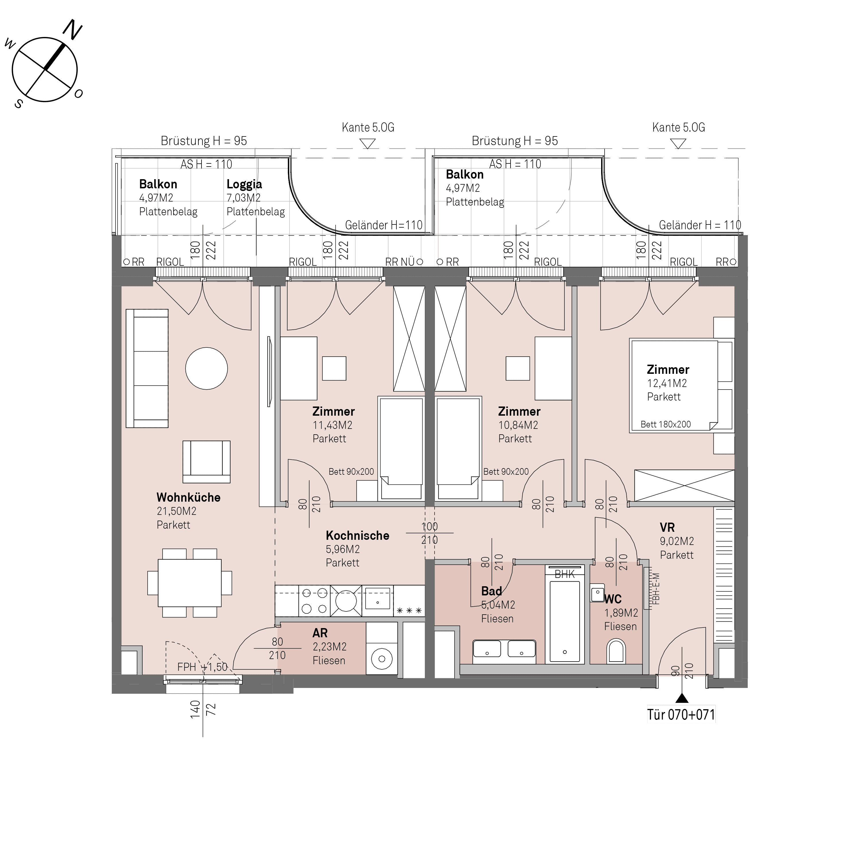 Grundriss Top 1/070+071 — Traisengasse 20–22 — 4 Zimmer — 80,3 m² — 4th floor — N/W
