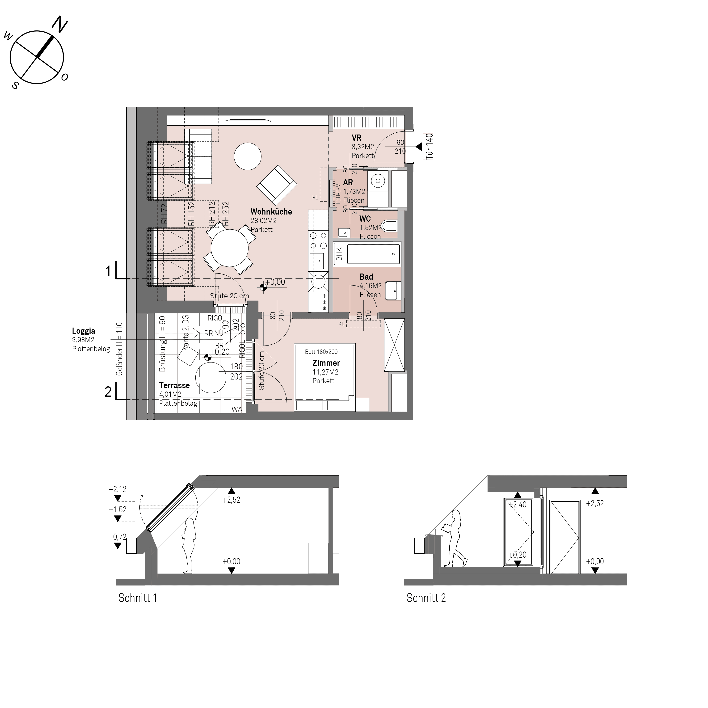 Grundriss Top 2/140 — Traisengasse 20–22 — 2 Zimmer — 50 m² — 1st attic floor — S/W