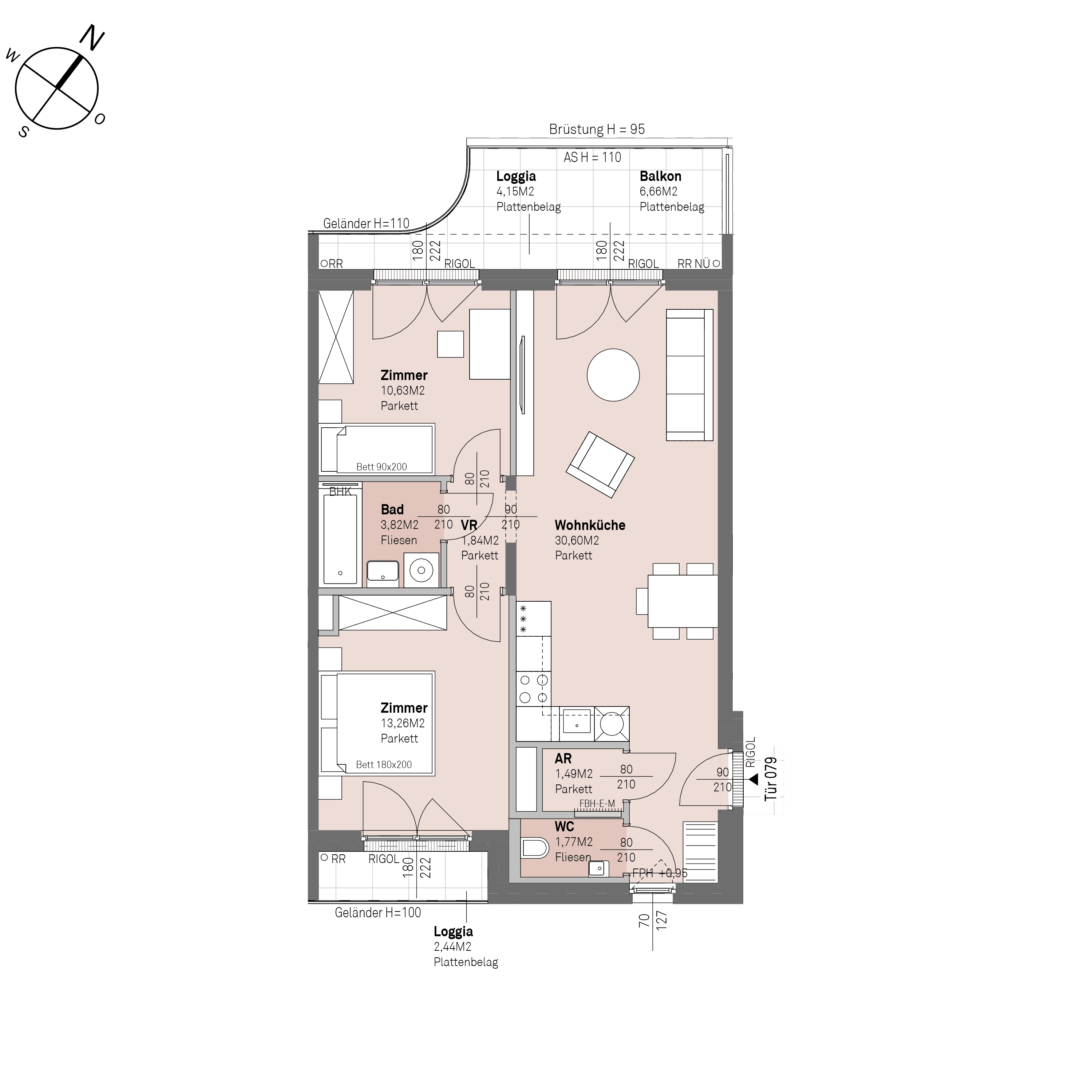 Grundriss Top 1/79 — Traisengasse 20–22 — 3 Zimmer — 63,4 m² — 4th floor — N/W