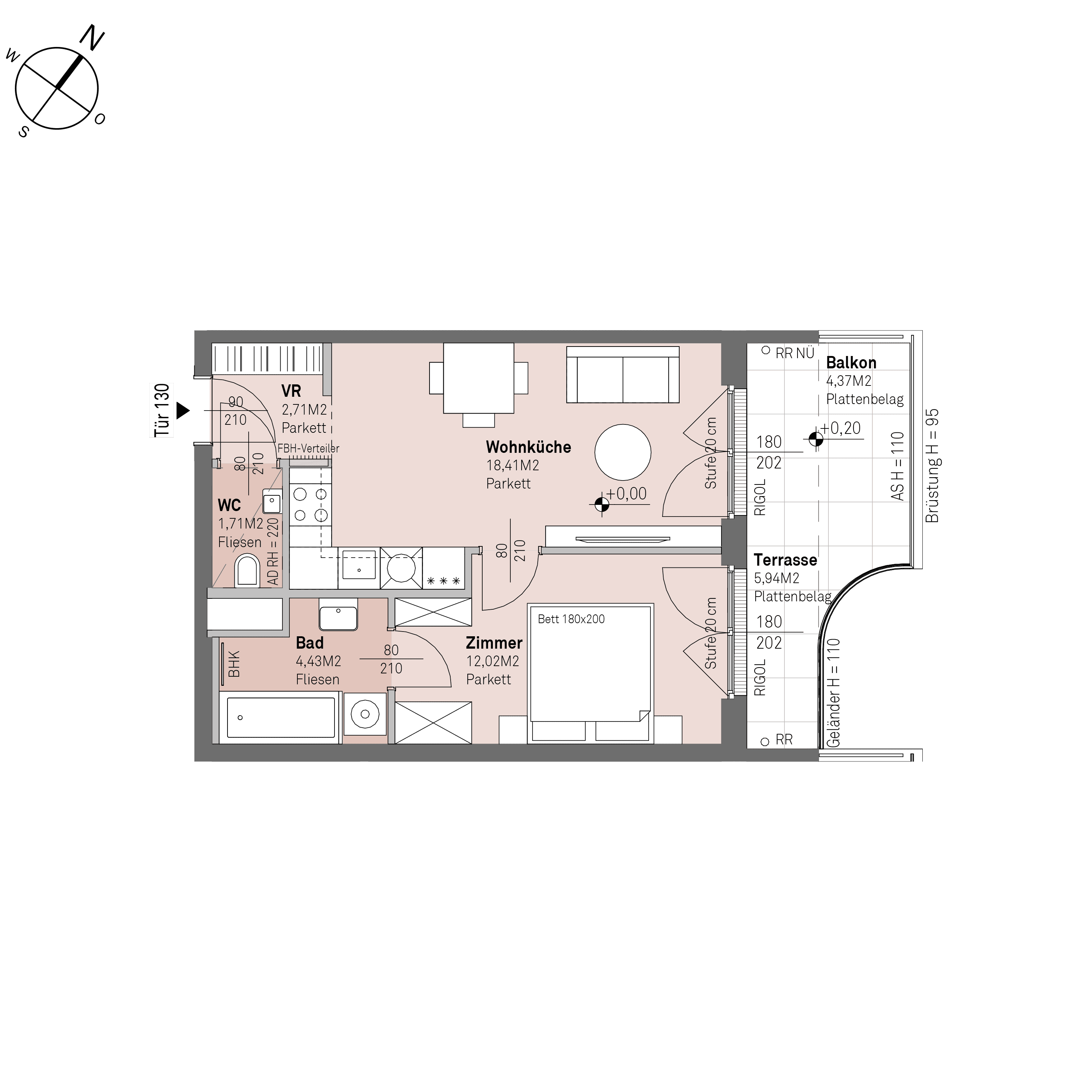 Grundriss Top 1/130 — Traisengasse 20–22 — 2 Zimmer — 39,3 m² — 6th floor — N/O