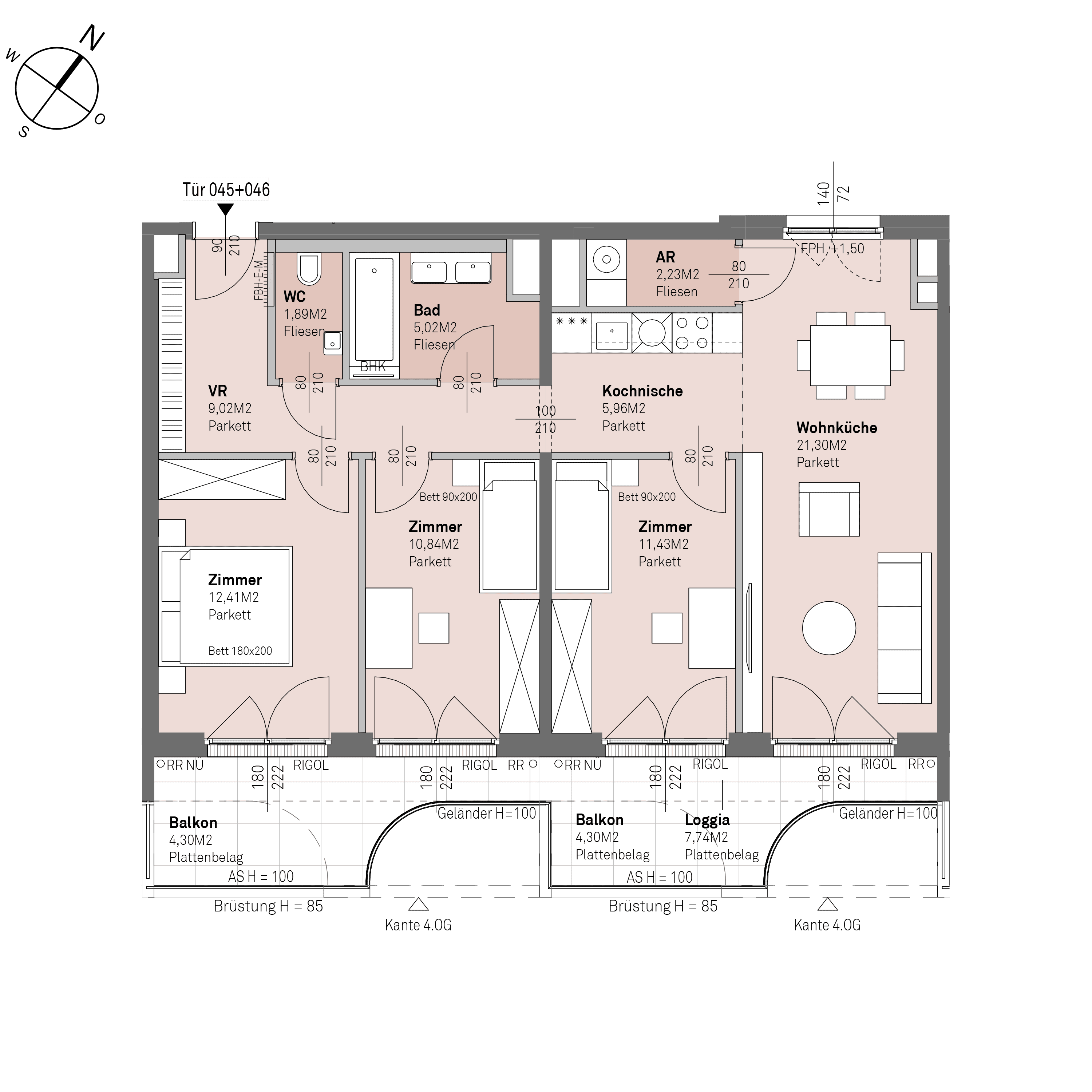 Grundriss Top 2/045+046 — Traisengasse 20–22 — 4 Zimmer — 80,1 m² — 3rd floor — O/S