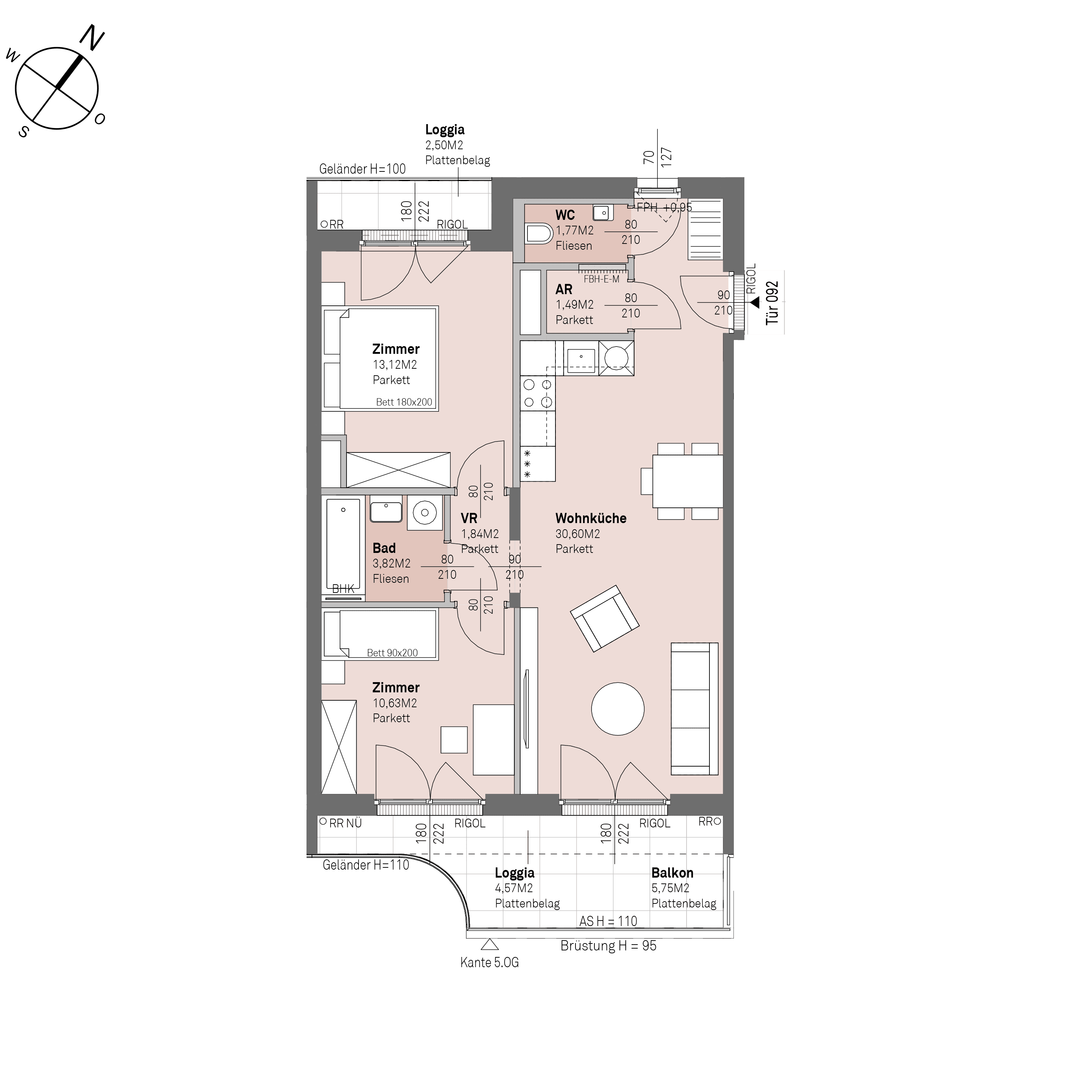 Grundriss Top 1/92 — Traisengasse 20–22 — 3 Zimmer — 63,3 m² — 4th floor — O/S