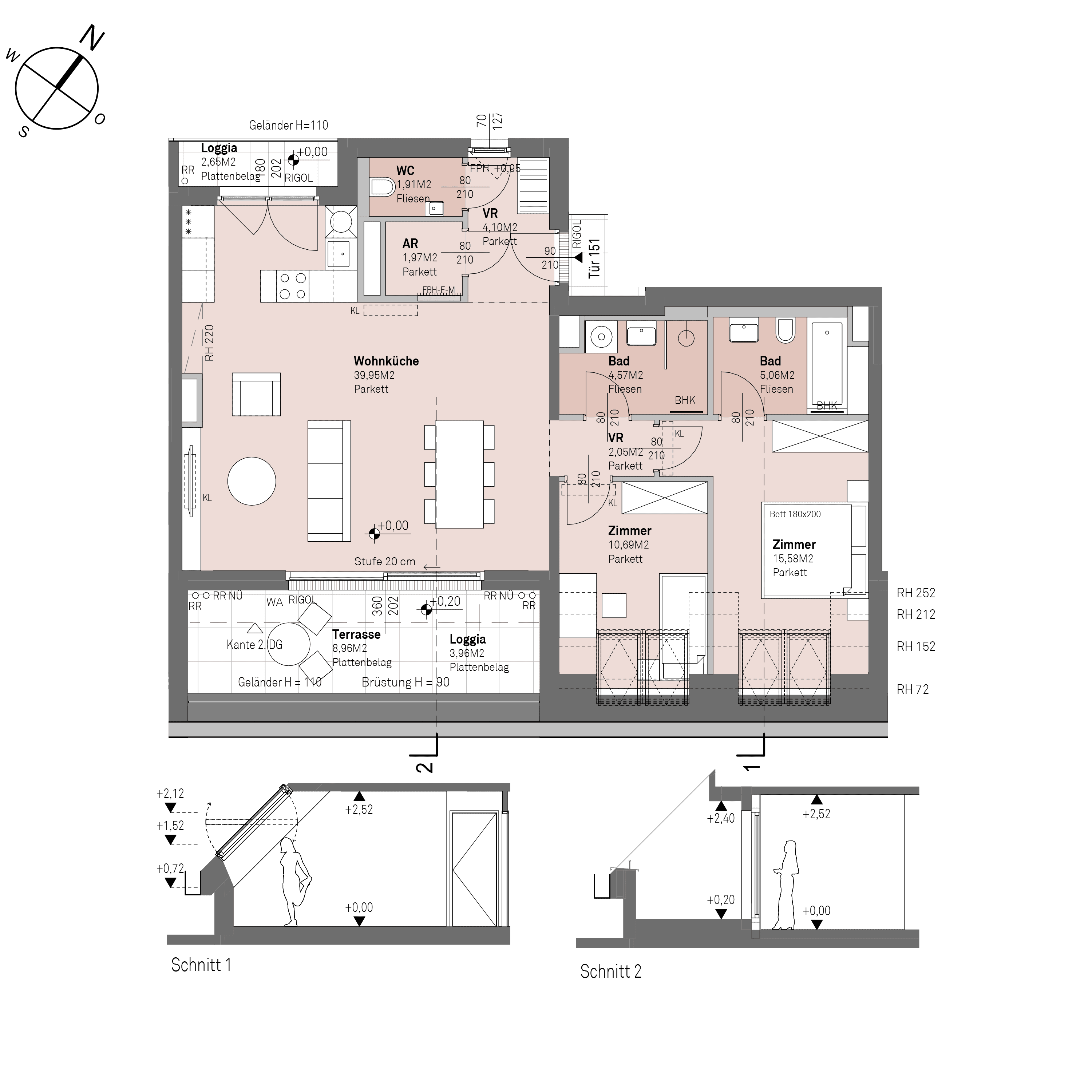 Grundriss Top 1/151 — Traisengasse 20–22 — 3 Zimmer — 85,9 m² — 1st attic floor — O/S