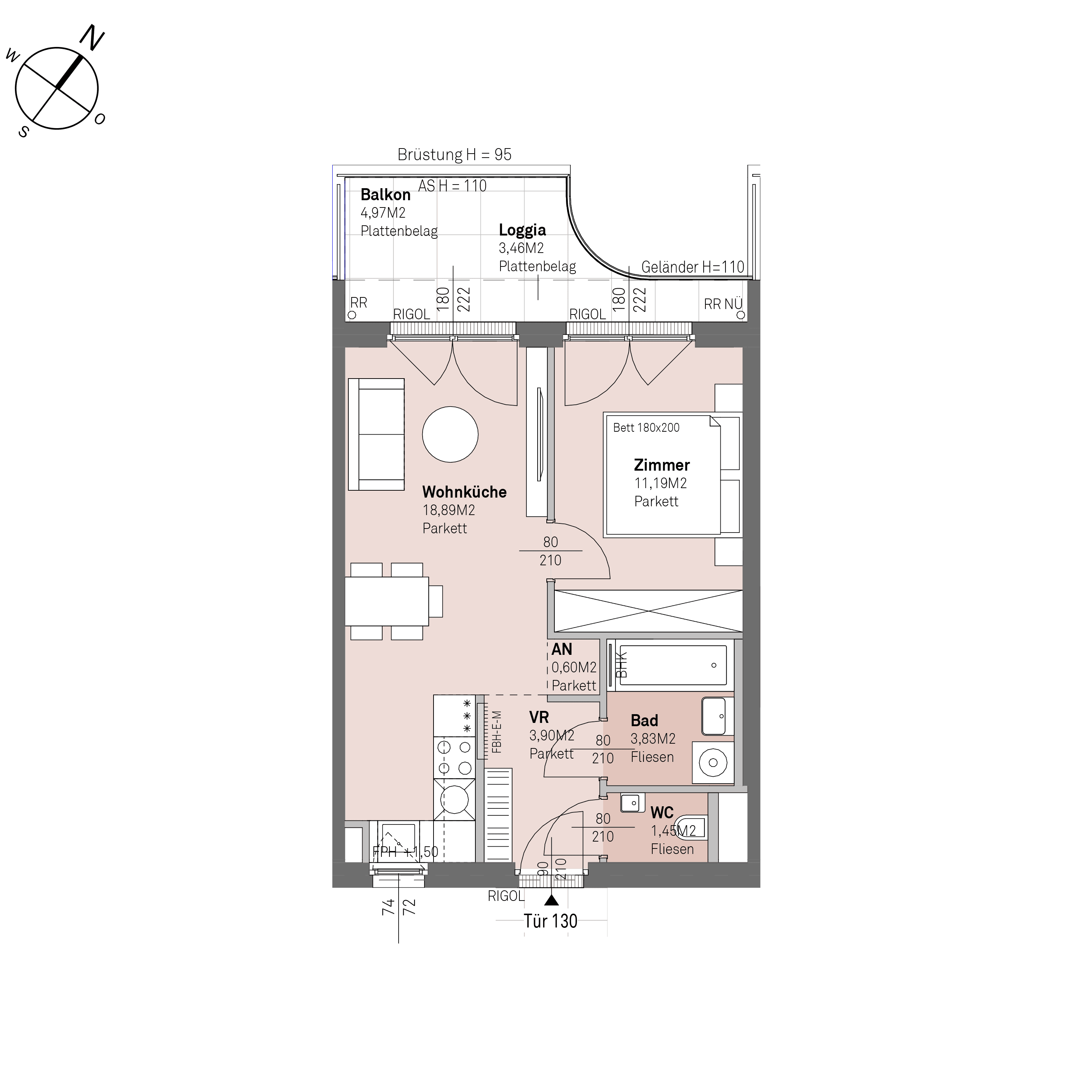 Grundriss Top 2/130 — Traisengasse 20–22 — 2 Zimmer — 39,9 m² — 6th floor — N/W