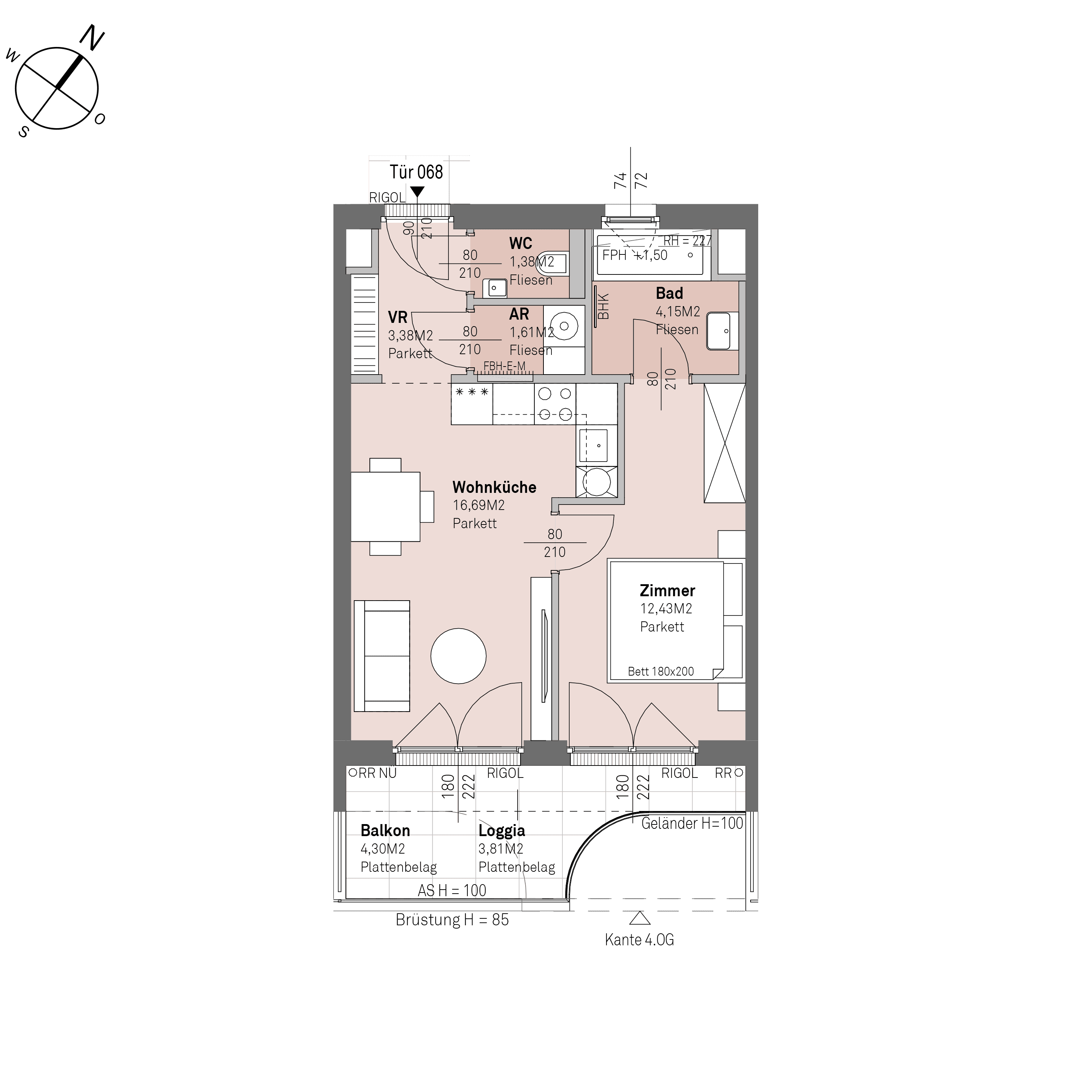 Grundriss Top 1/68 — Traisengasse 20–22 — 2 Zimmer — 39,6 m² — 3rd floor — O/S