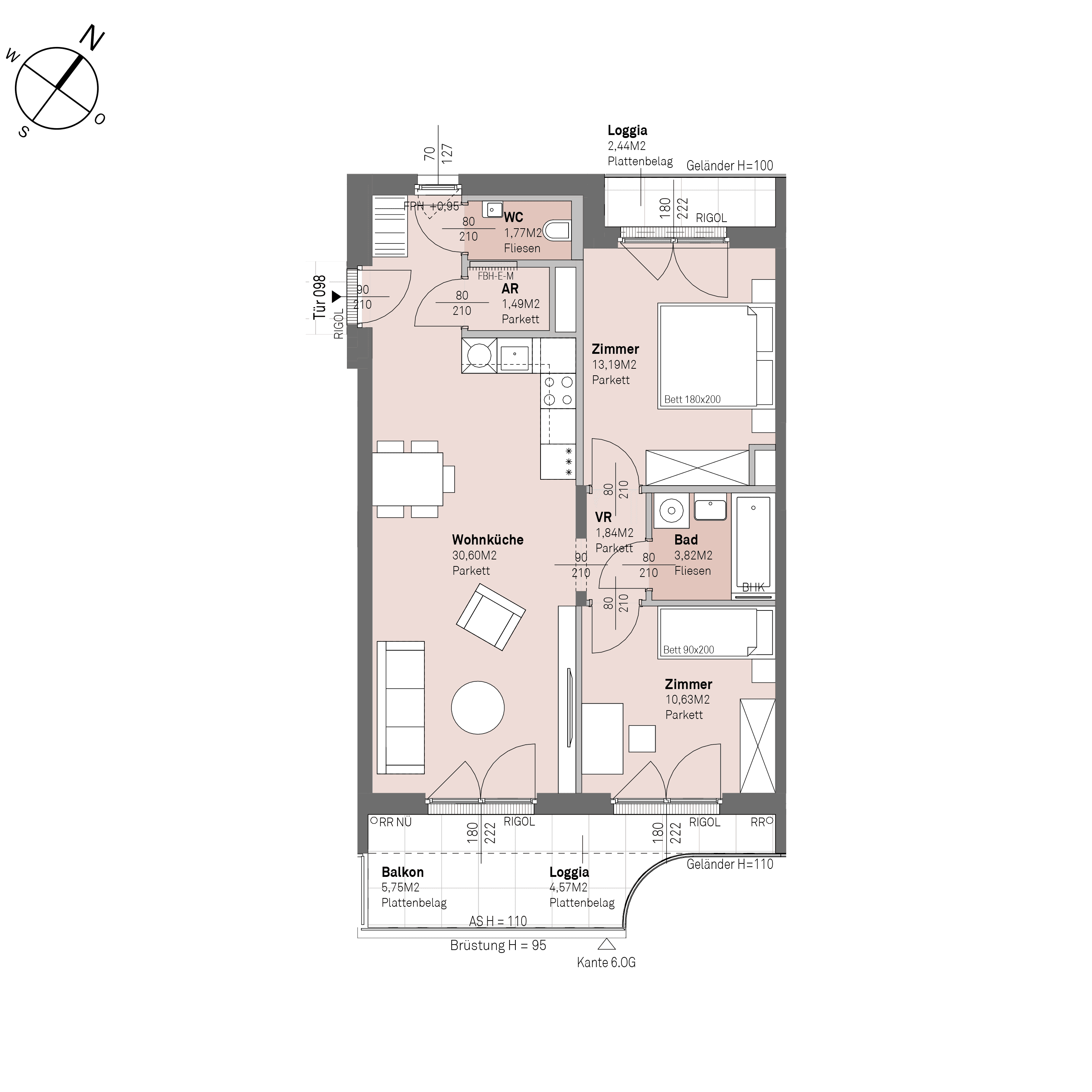 Grundriss Top 2/98 — Traisengasse 20–22 — 3 Zimmer — 63,3 m² — 5th floor — O/S
