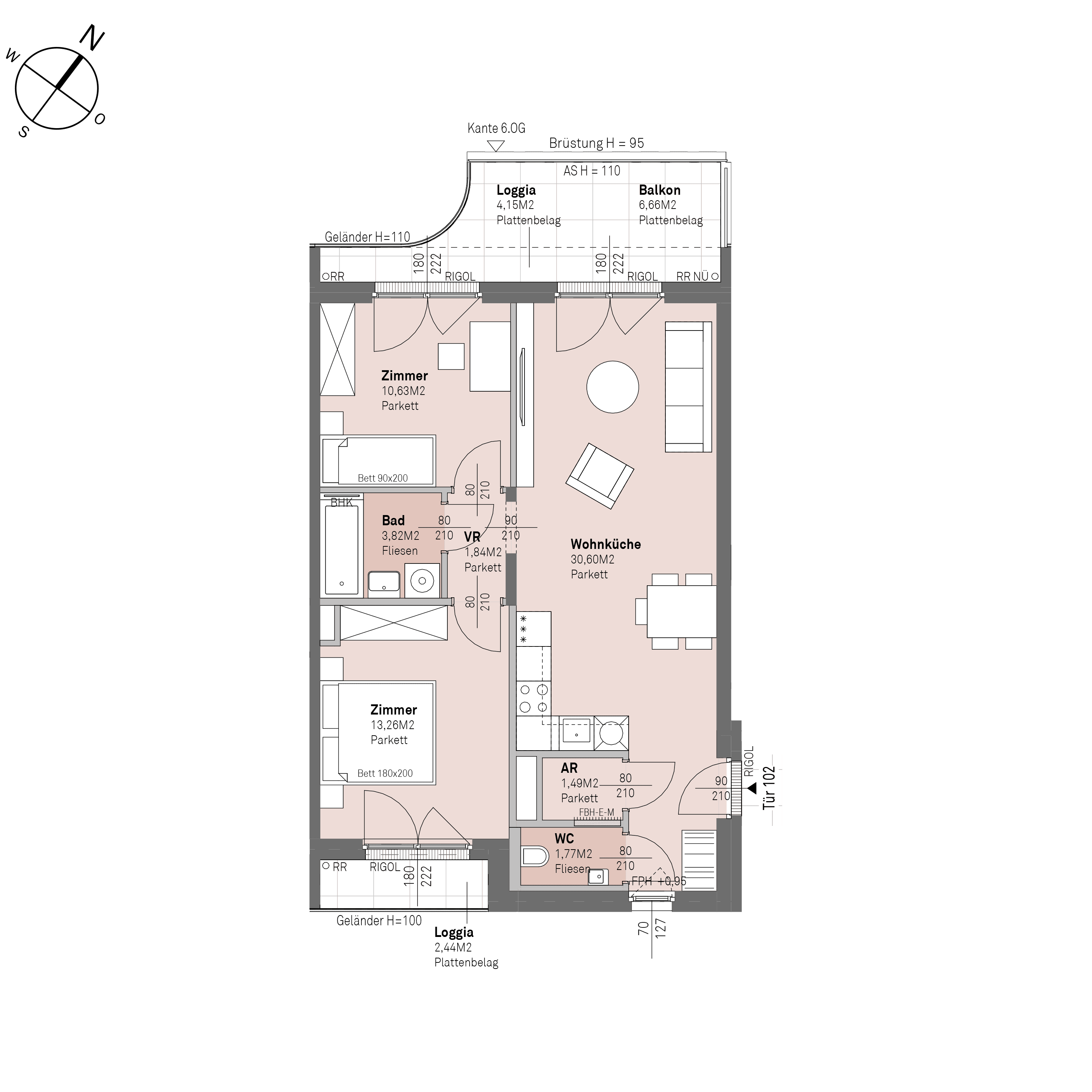 Grundriss Top 1/102 — Traisengasse 20–22 — 3 Zimmer — 63,4 m² — 5th floor — N/W