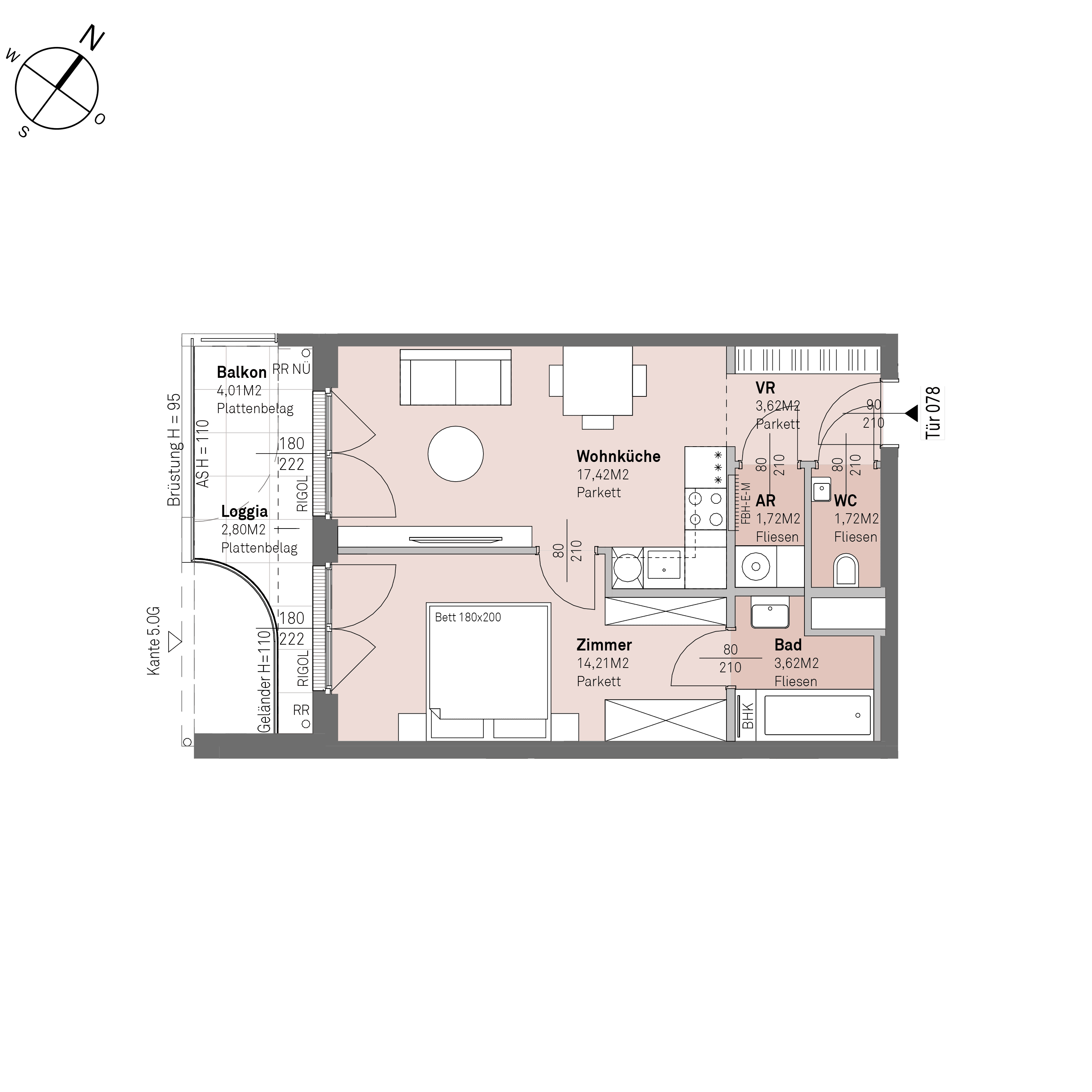 Grundriss Top 2/78 — Traisengasse 20–22 — 2 Zimmer — 42,3 m² — 4th floor — S/W