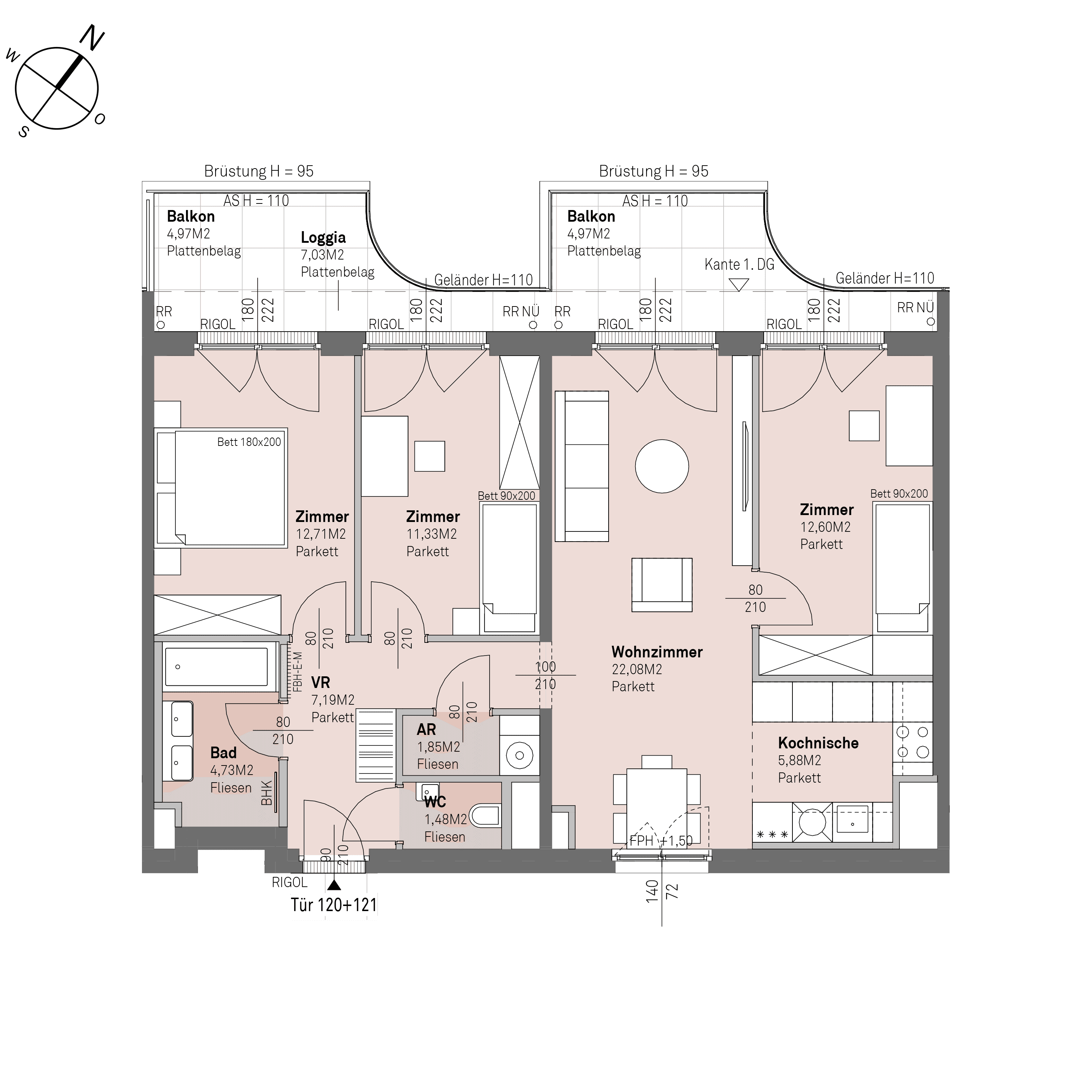 Grundriss Top 1/120+121 — Traisengasse 20–22 — 4 Zimmer — 79,8 m² — 6th floor — N/W