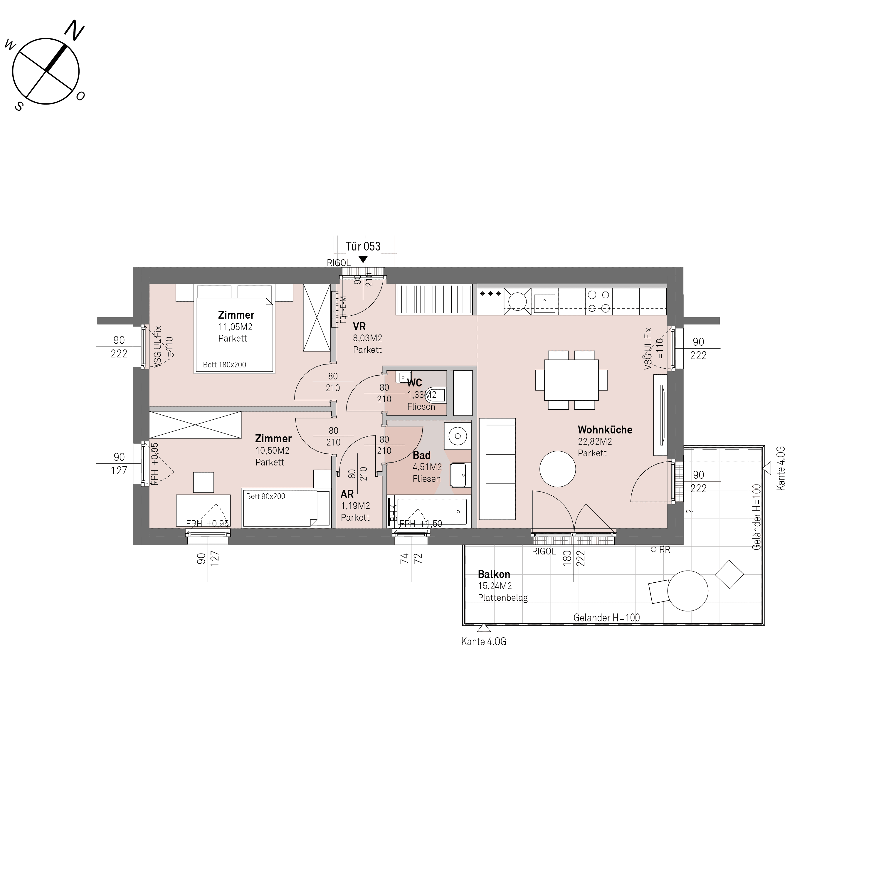 Grundriss Top 1/53 — Traisengasse 20–22 — 3 Zimmer — 59,4 m² — 3rd floor