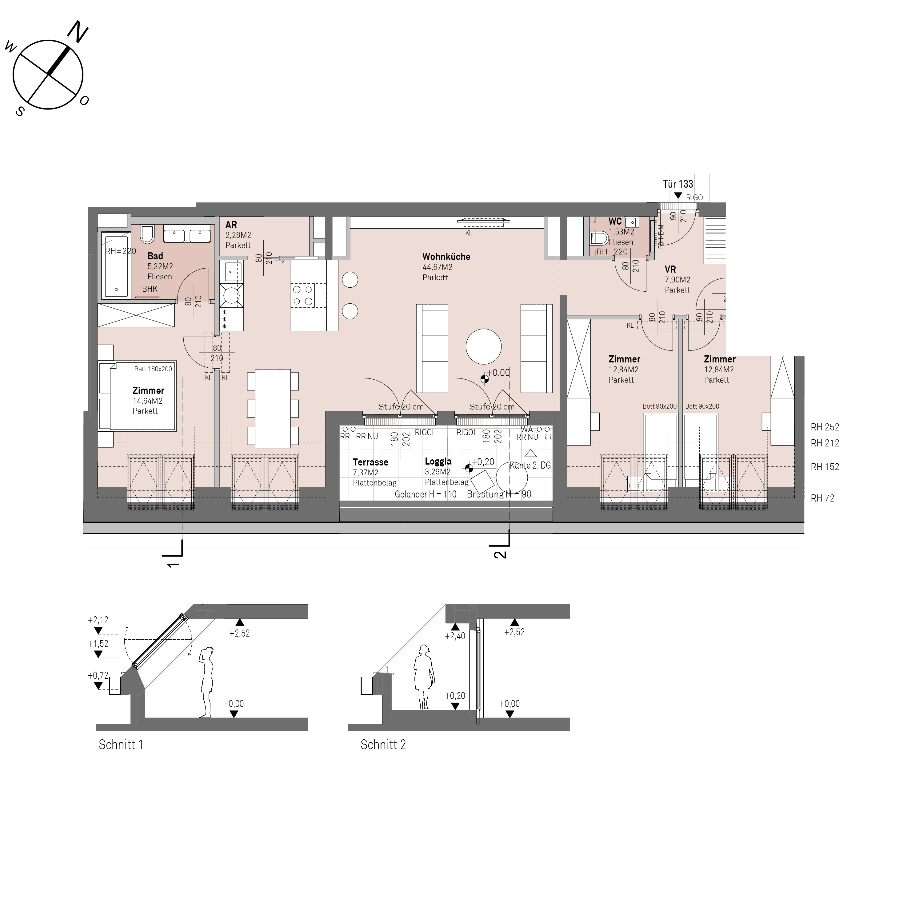 Grundriss Top 2/133 — Traisengasse 20–22 — 4 Zimmer — 105,5 m² — 1st attic floor — O/S