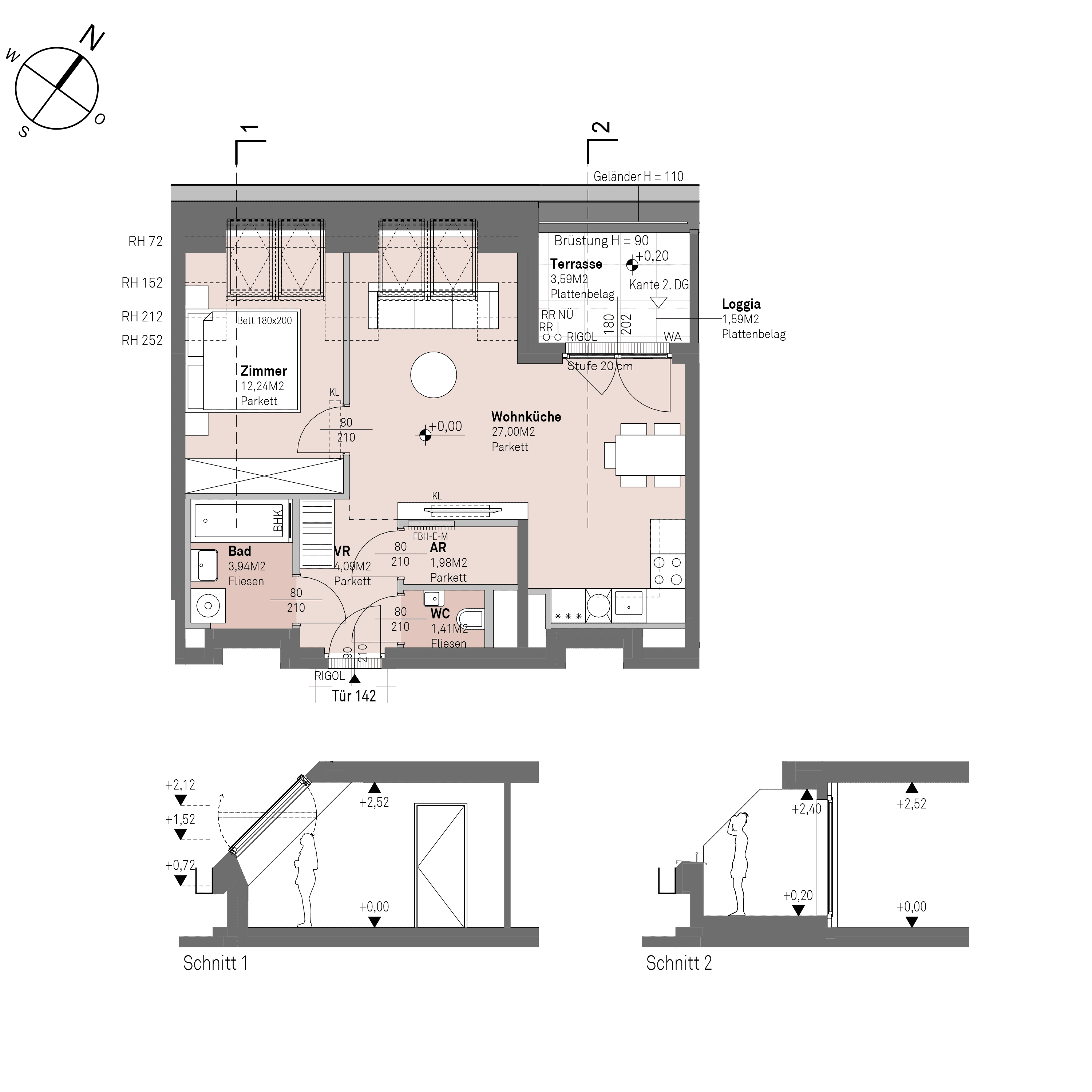 Grundriss Top 1/142 — Traisengasse 20–22 — 2 Zimmer — 50,7 m² — 1st attic floor — N/W