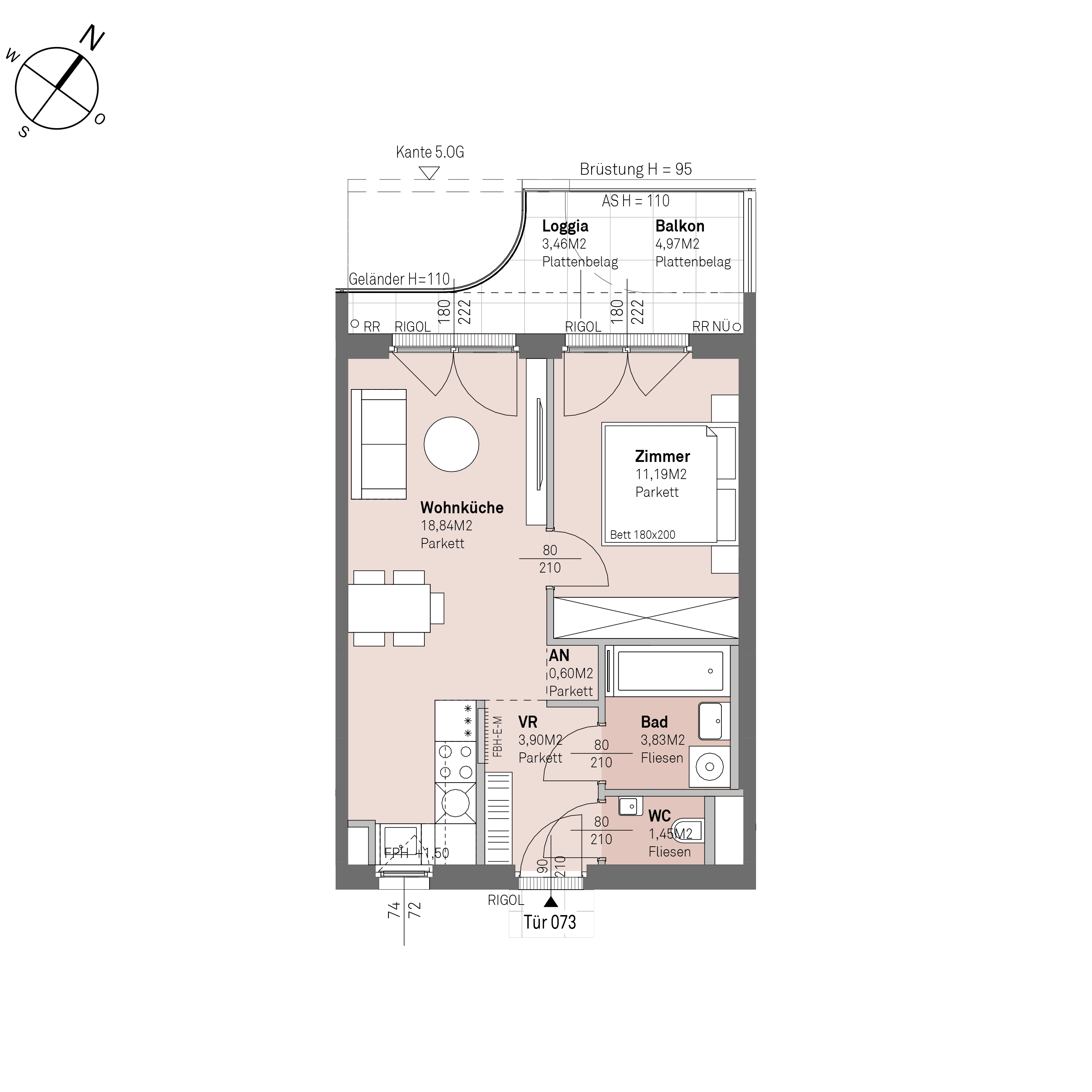 Grundriss Top 1/73 — Traisengasse 20–22 — 2 Zimmer — 39,8 m² — 4th floor — N/W