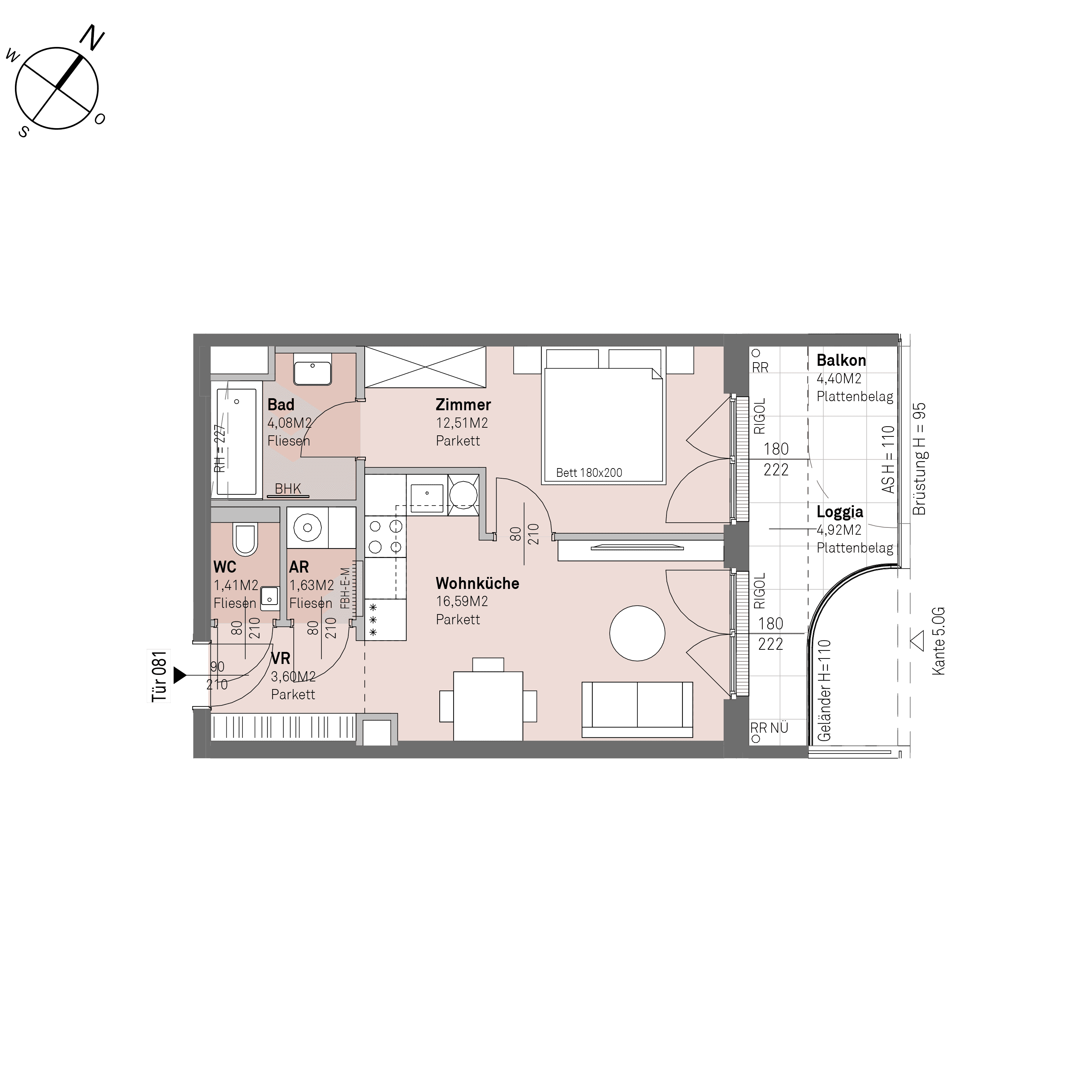 Grundriss Top 1/81 — Traisengasse 20–22 — 2 Zimmer — 39,8 m² — 4th floor — N/O