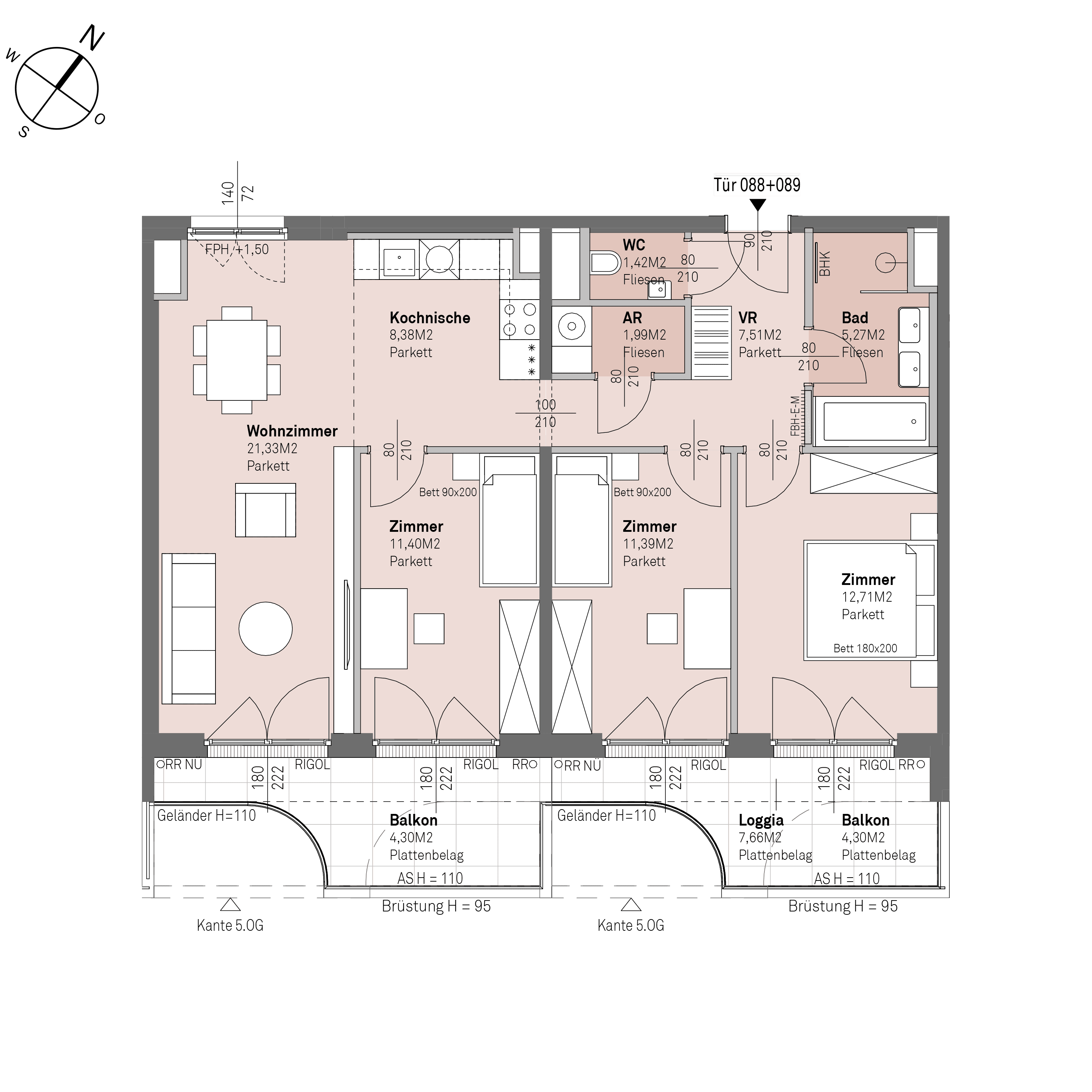 Grundriss Top 1/088+089 — Traisengasse 20–22 — 4 Zimmer — 81,4 m² — 4th floor — O/S