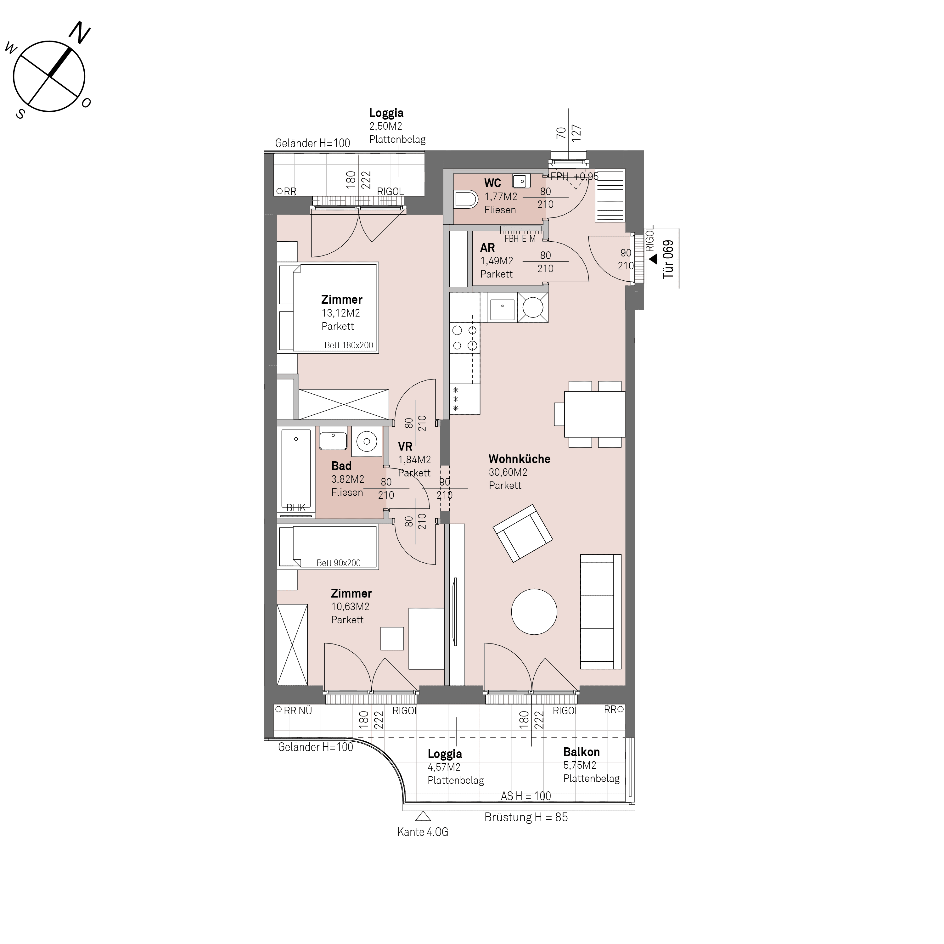 Grundriss Top 1/69 — Traisengasse 20–22 — 3 Zimmer — 63,3 m² — 3rd floor — O/S