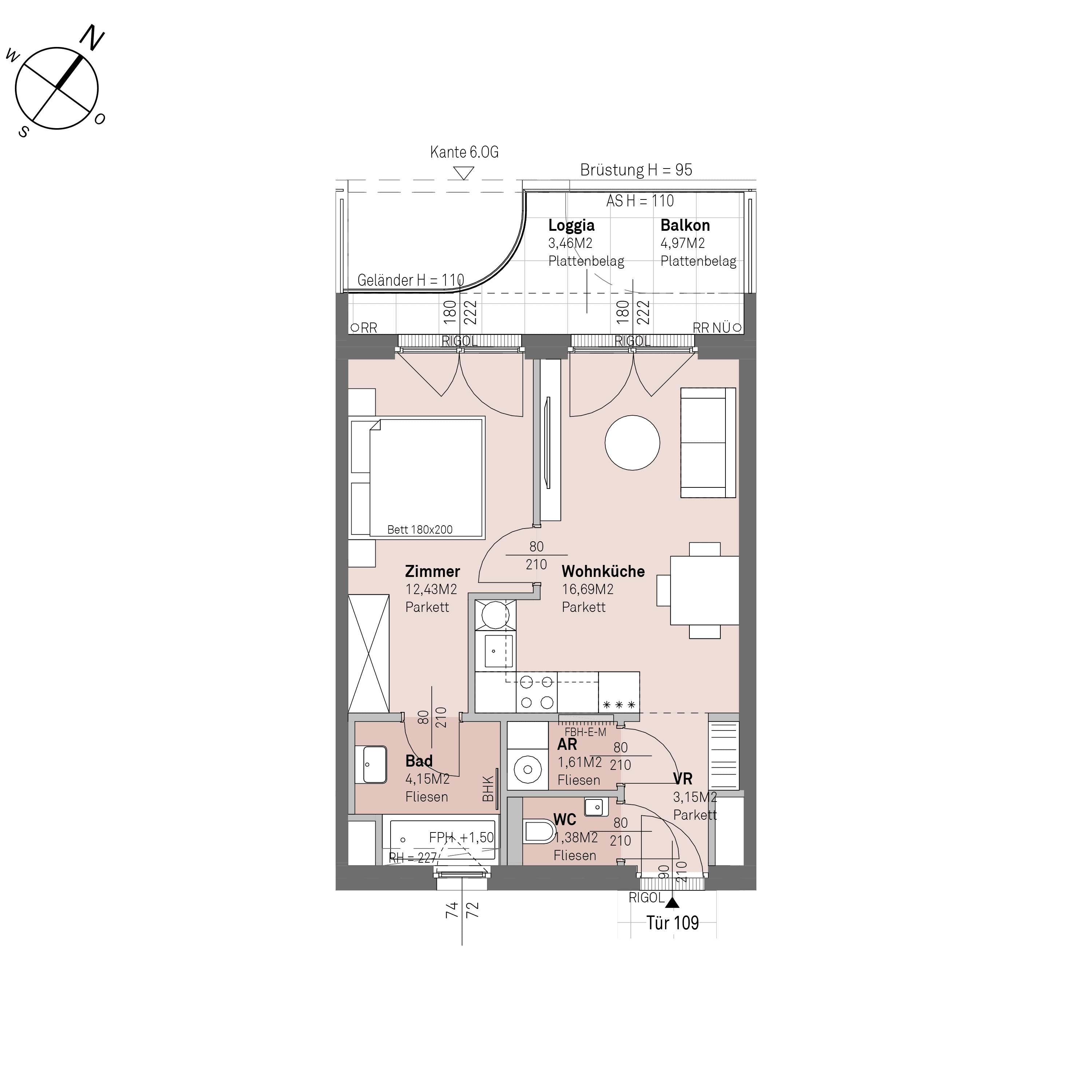 Grundriss Top 2/109 — Traisengasse 20–22 — 2 Zimmer — 39,4 m² — 5th floor — N/W