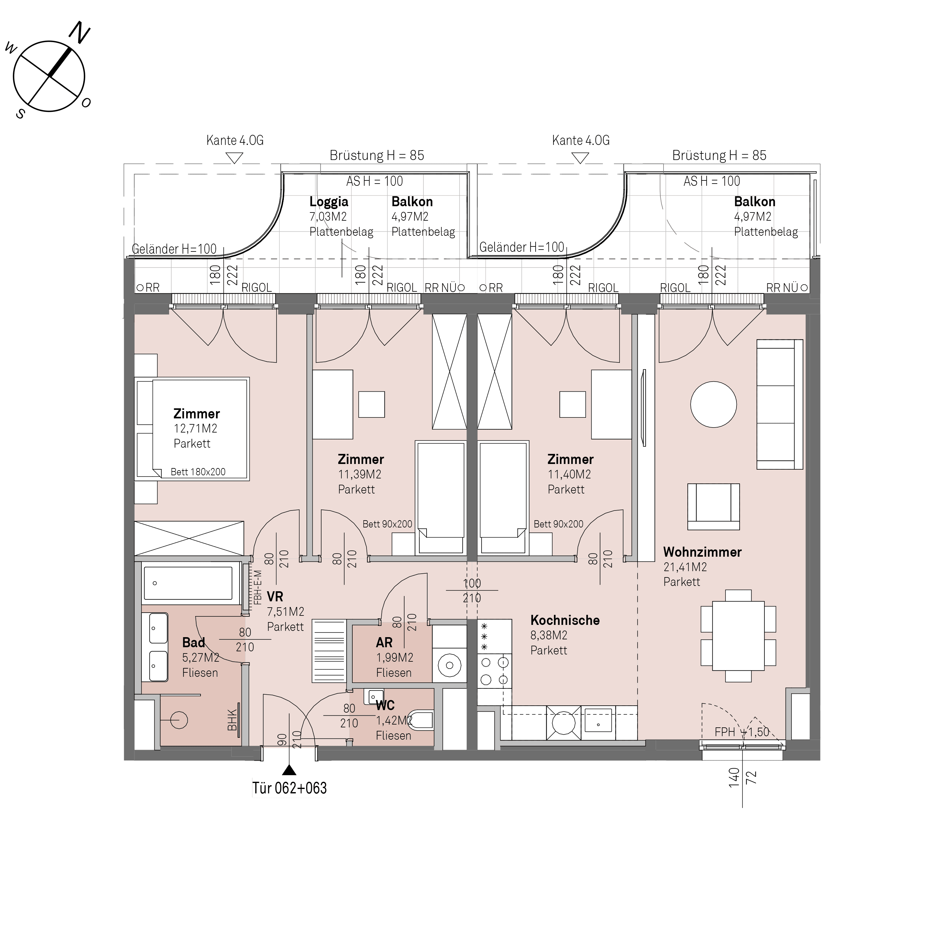 Grundriss Top 2/062+063 — Traisengasse 20–22 — 4 Zimmer — 81,5 m² — 3rd floor — N/W