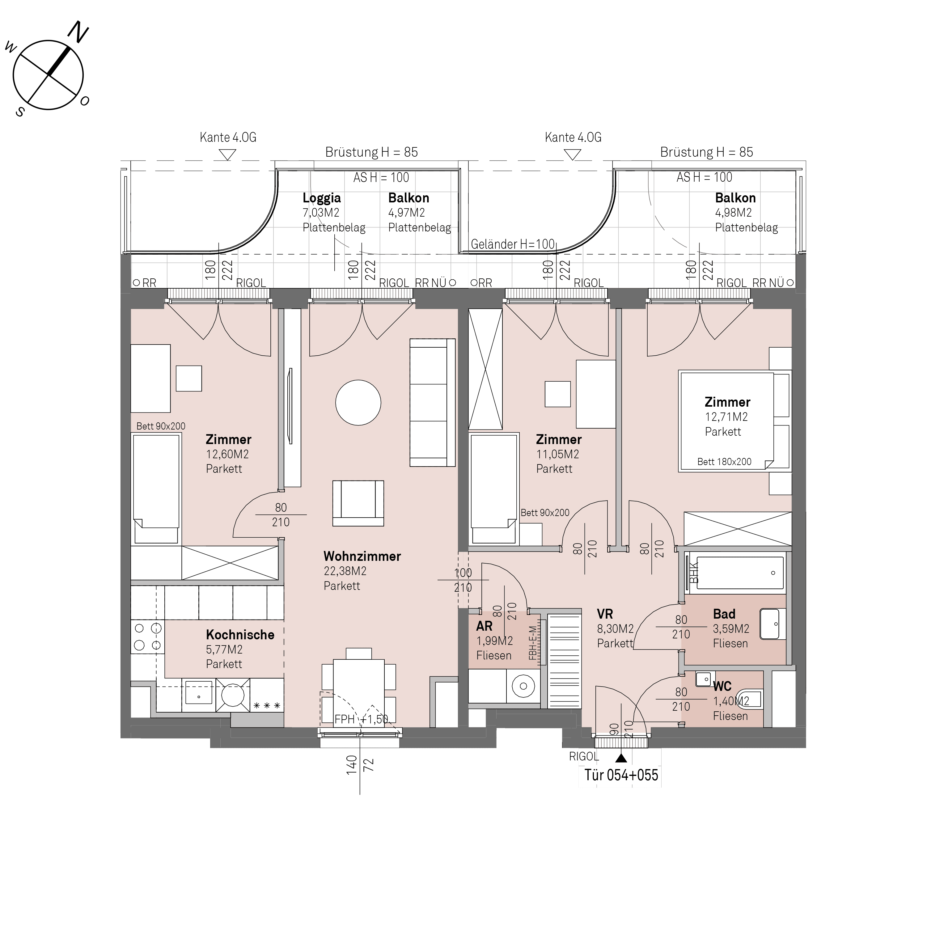 Grundriss Top 1/054+055 — Traisengasse 20–22 — 4 Zimmer — 79,8 m² — 3rd floor — N/W