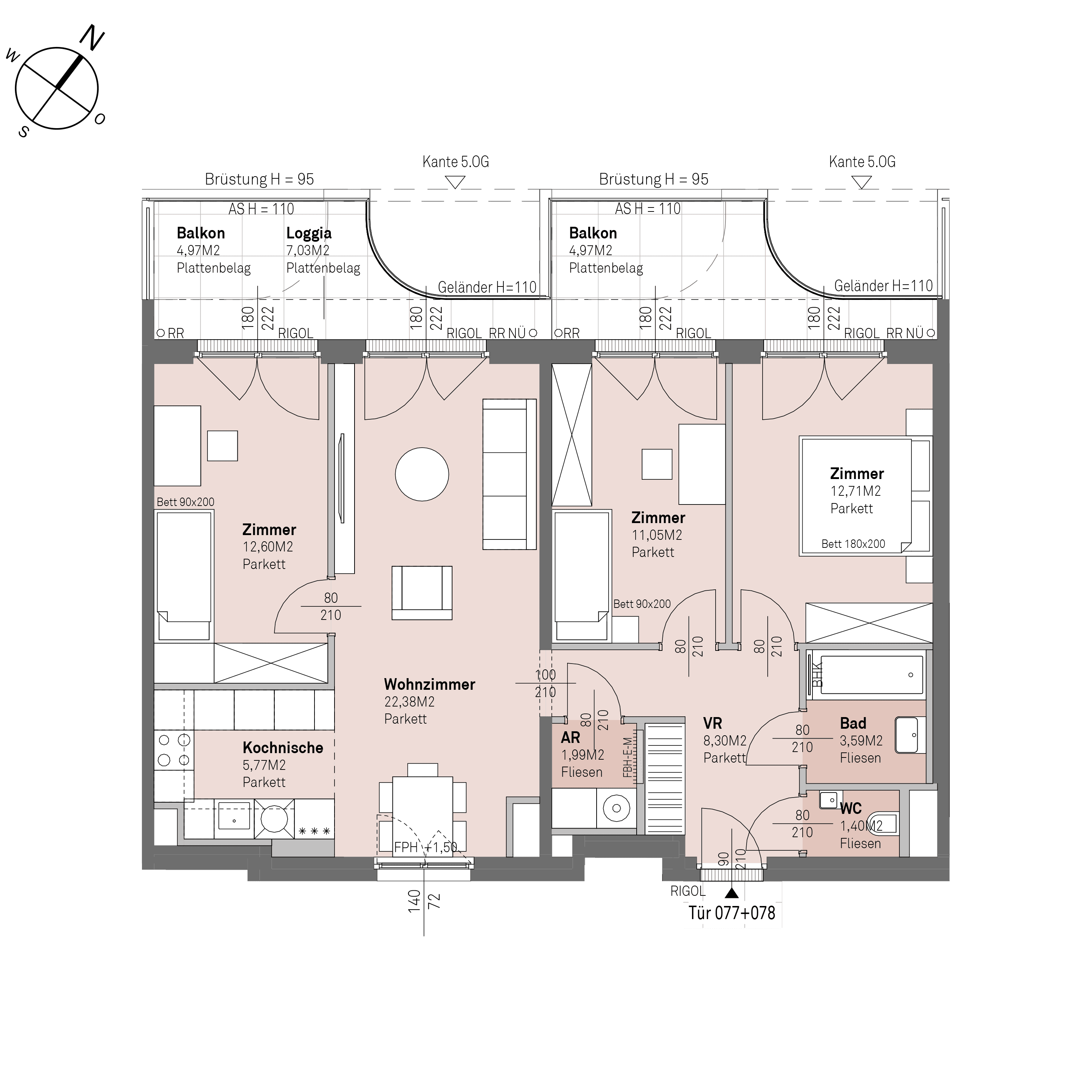 Grundriss Top 1/077+078 — Traisengasse 20–22 — 4 Zimmer — 79,8 m² — 4th floor — N/W