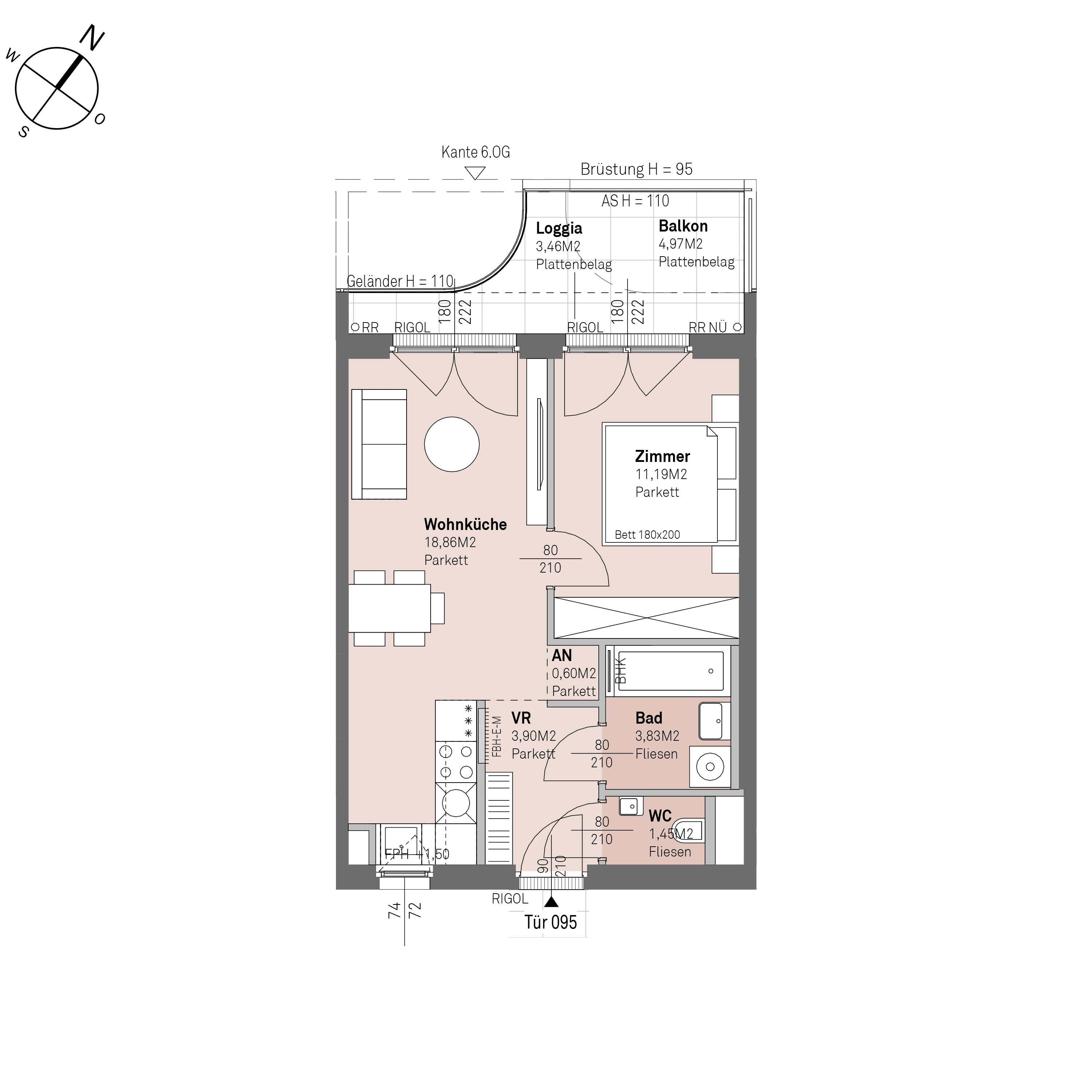 Grundriss Top 1/95 — Traisengasse 20–22 — 2 Zimmer — 39,8 m² — 5th floor — N/W