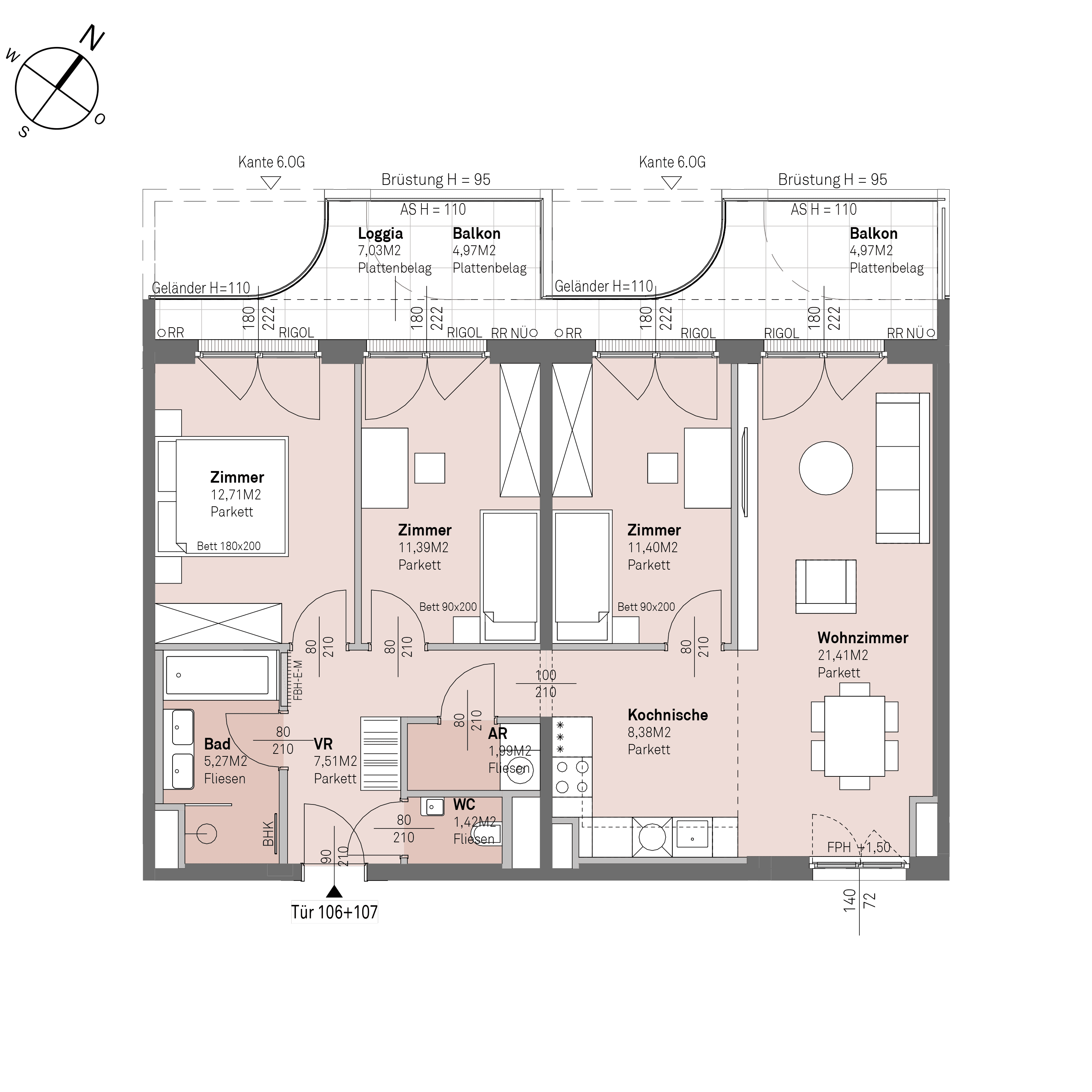 Grundriss Top 2/106+107 — Traisengasse 20–22 — 4 Zimmer — 81,5 m² — 5th floor — N/W