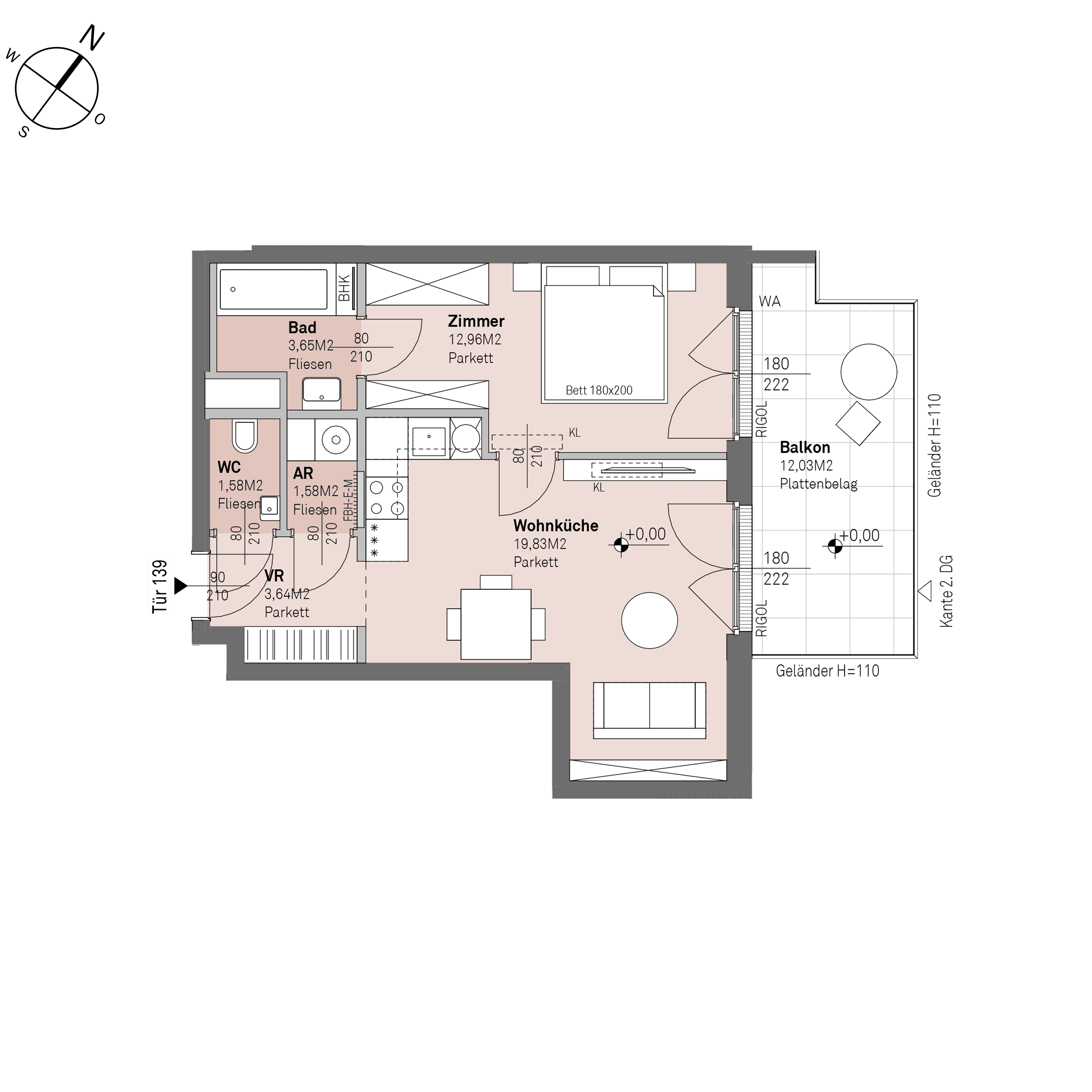 Grundriss Top 2/139 — Traisengasse 20–22 — 2 Zimmer — 43,2 m² — 1st attic floor — N/O