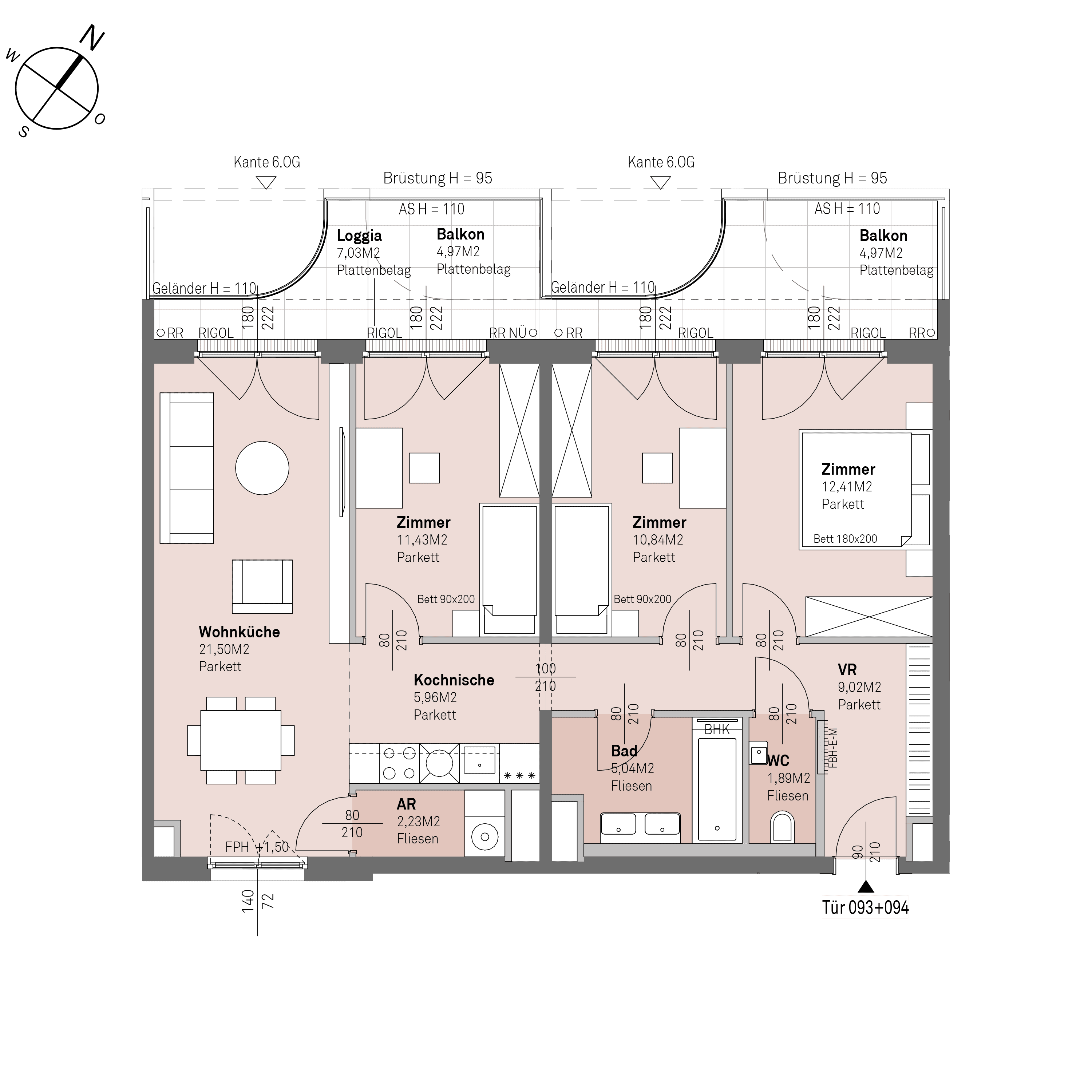 Grundriss Top 1/093+094 — Traisengasse 20–22 — 4 Zimmer — 80,3 m² — 5th floor — N/W
