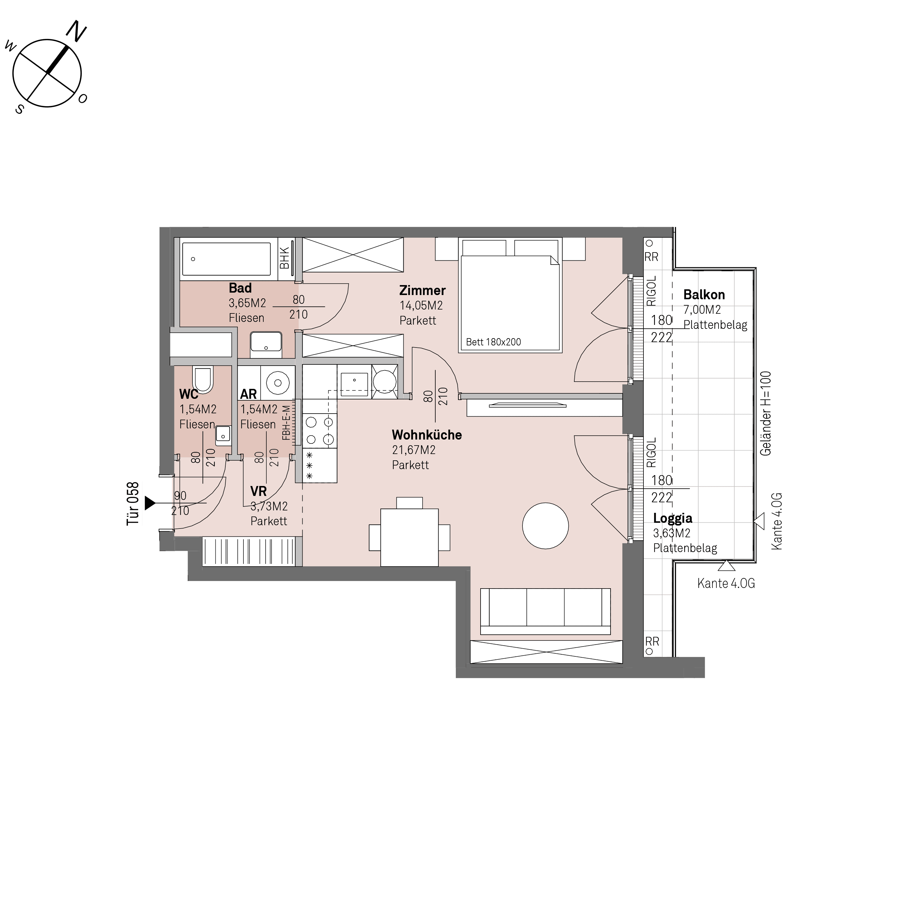 Grundriss Top 2/58 — Traisengasse 20–22 — 2 Zimmer — 46,2 m² — 3rd floor — N/O