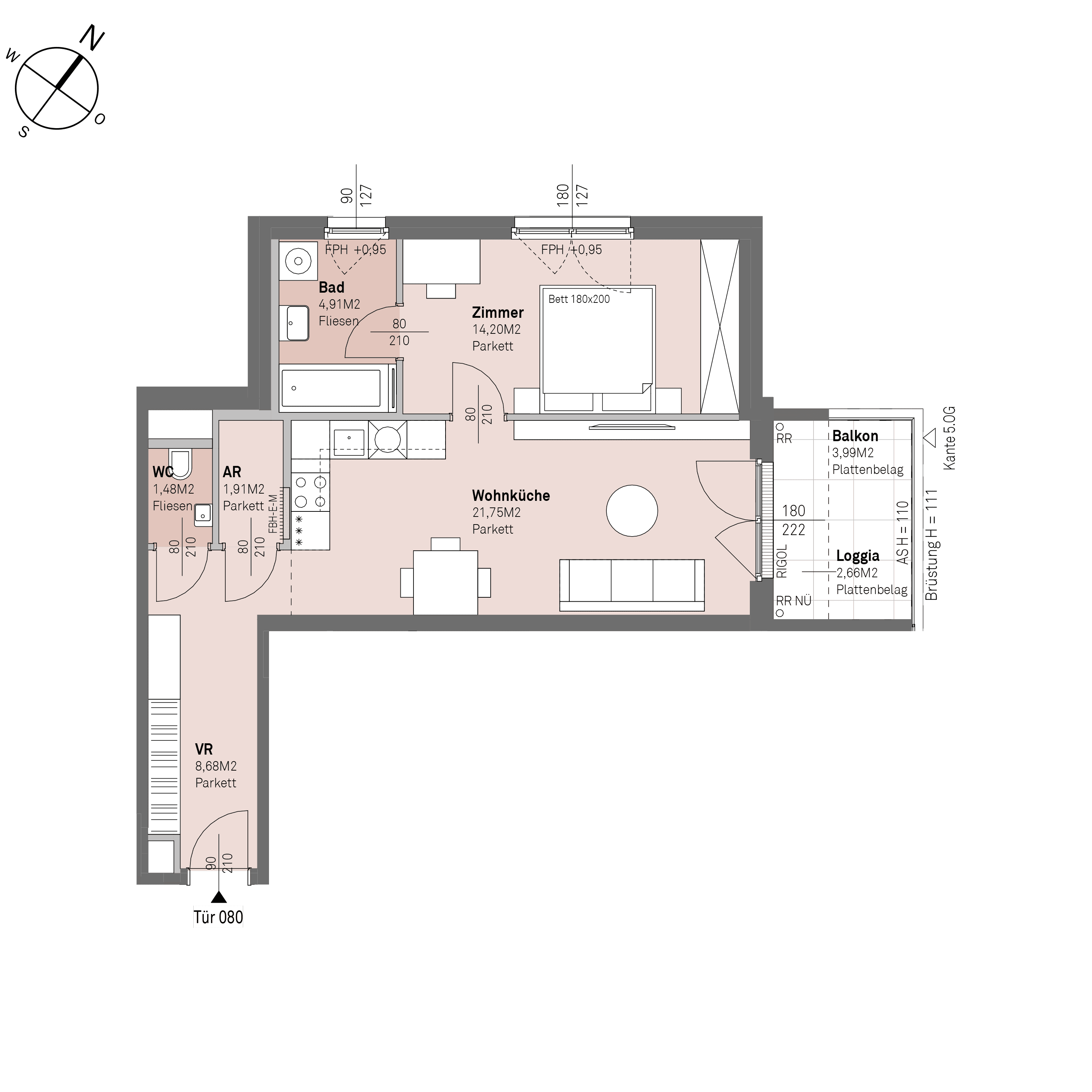 Grundriss Top 1/80 — Traisengasse 20–22 — 2 Zimmer — 52,9 m² — 4th floor