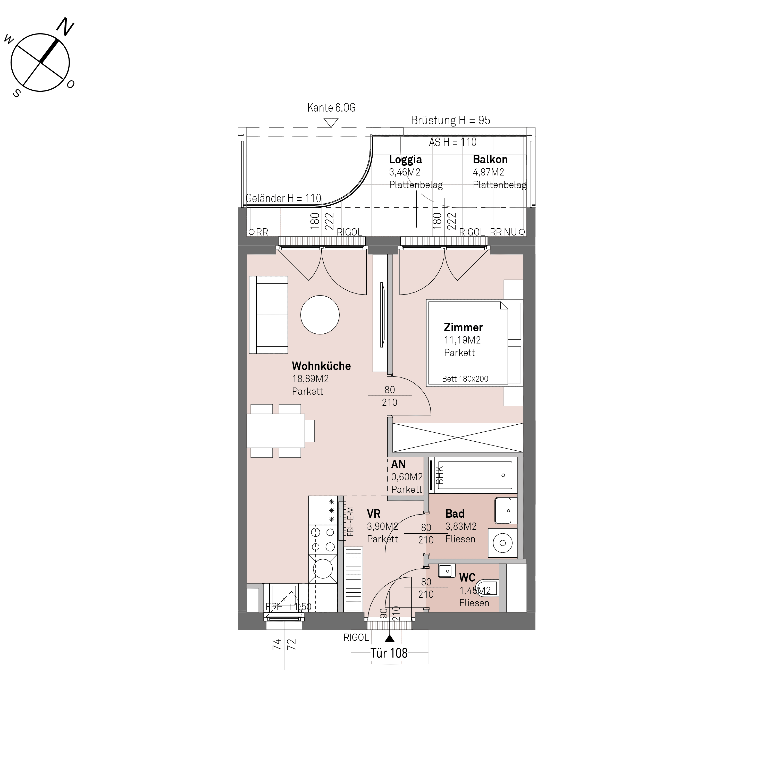 Grundriss Top 2/108 — Traisengasse 20–22 — 2 Zimmer — 39,9 m² — 5th floor — N/W