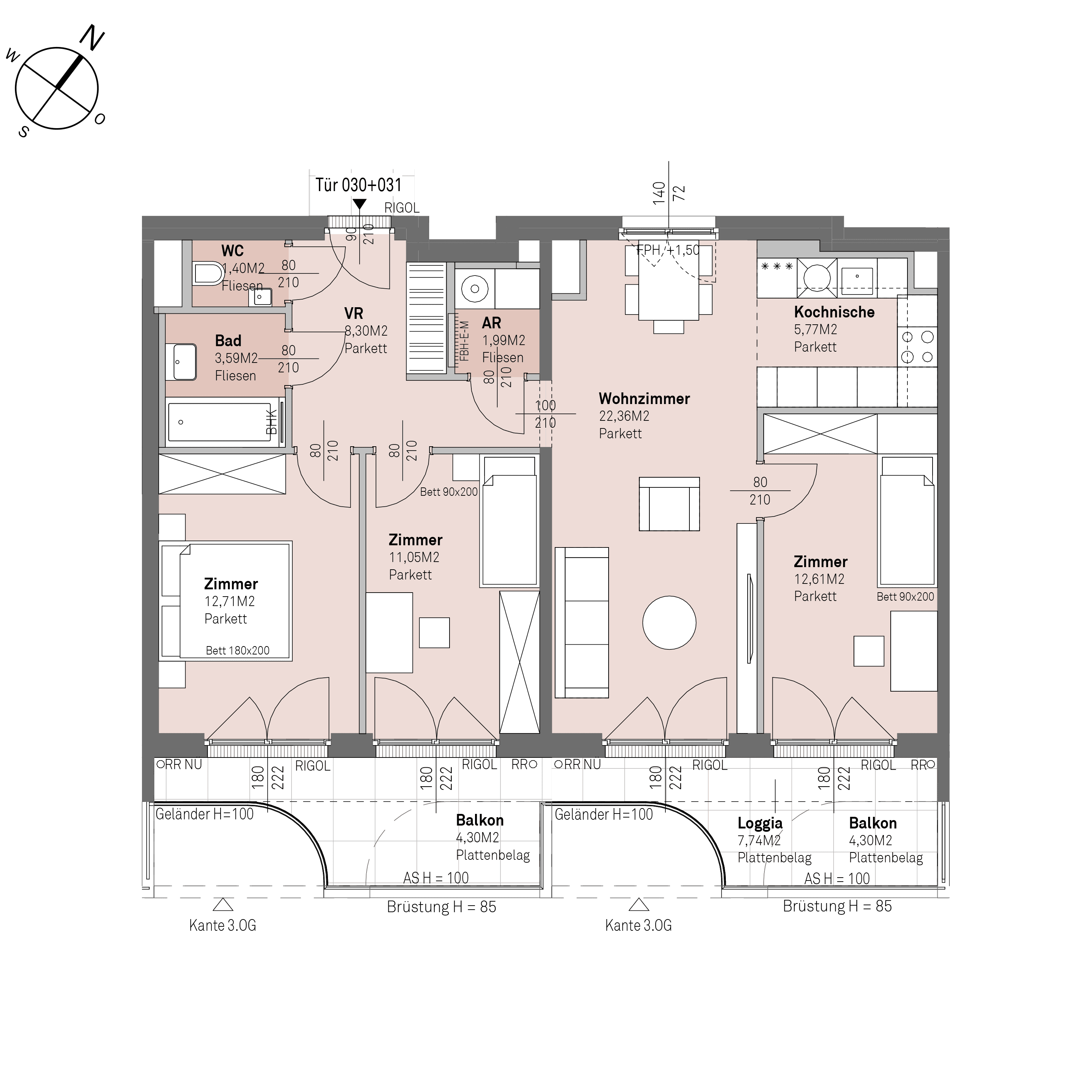 Grundriss Top 2/030+031 — Traisengasse 20–22 — 4 Zimmer — 79,8 m² — 2nd floor — O/S
