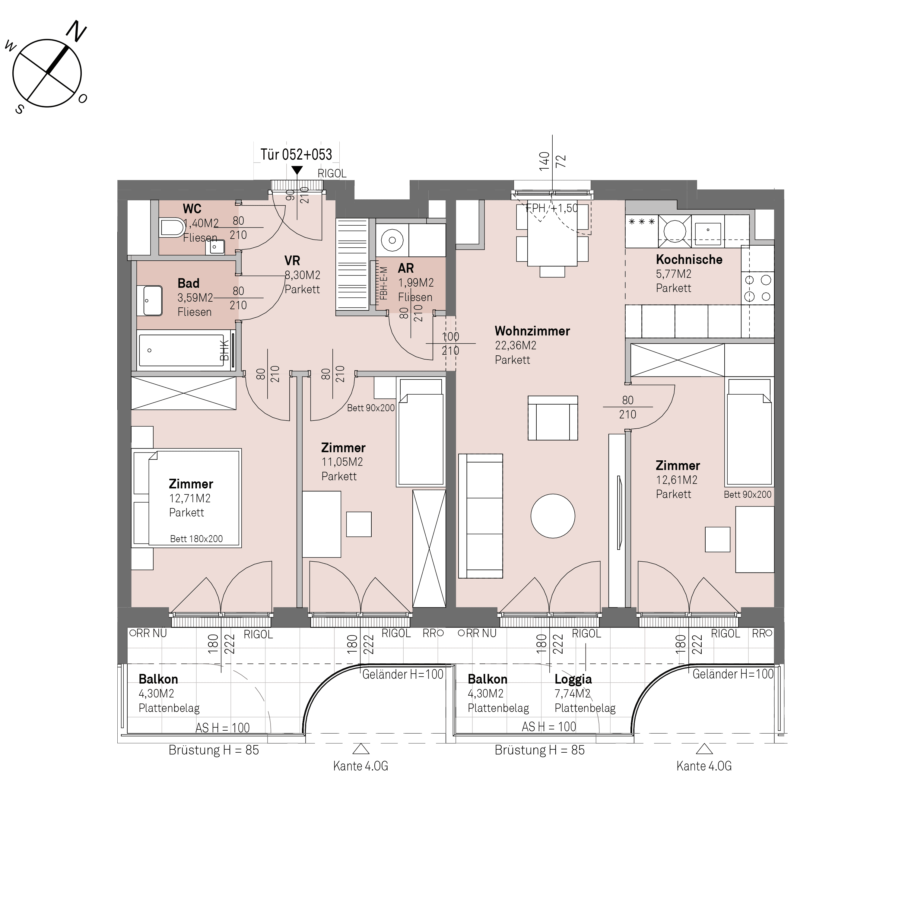 Grundriss Top 2/052+053 — Traisengasse 20–22 — 4 Zimmer — 79,8 m² — 3rd floor — O/S