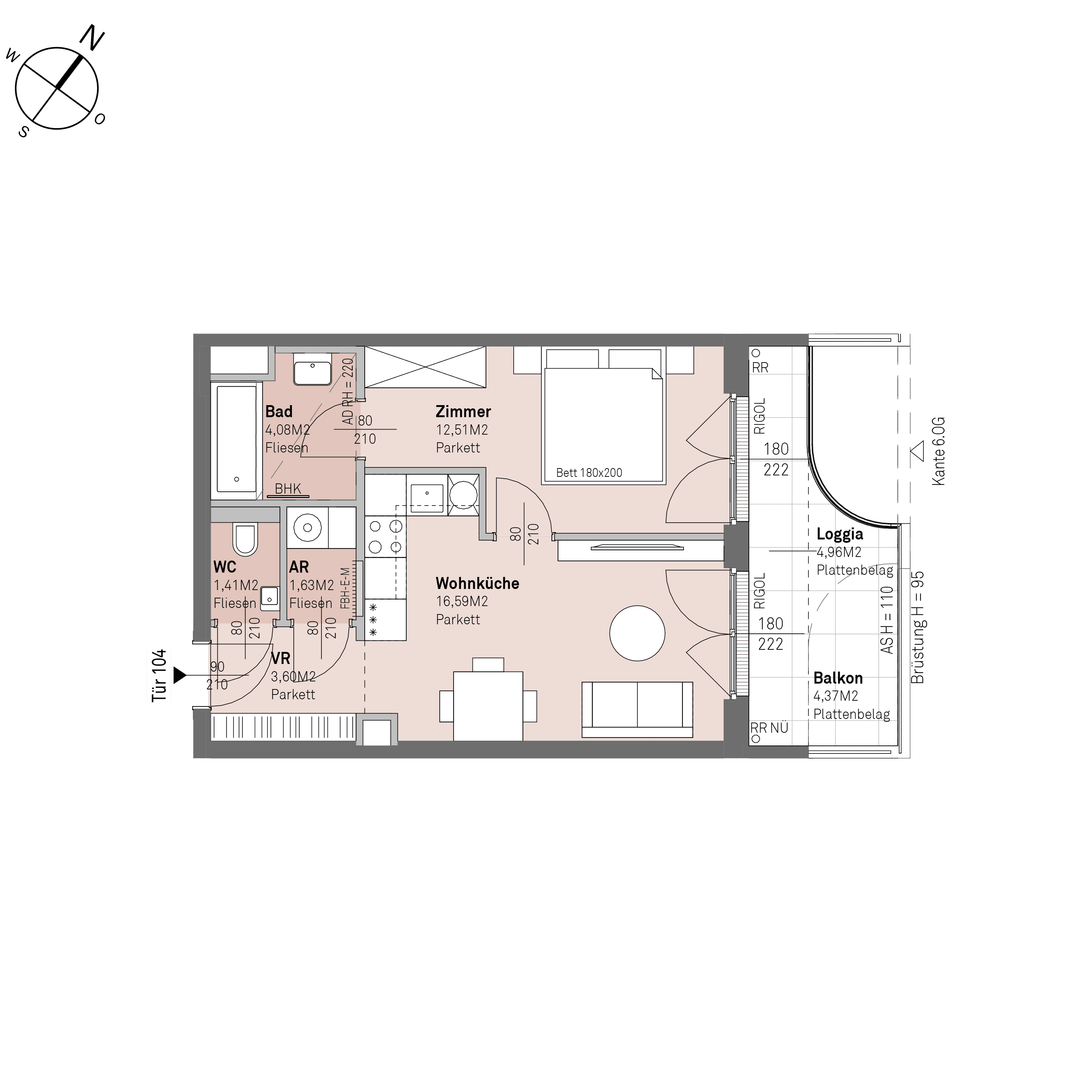 Grundriss Top 1/104 — Traisengasse 20–22 — 2 Zimmer — 39,8 m² — 5th floor — N/O
