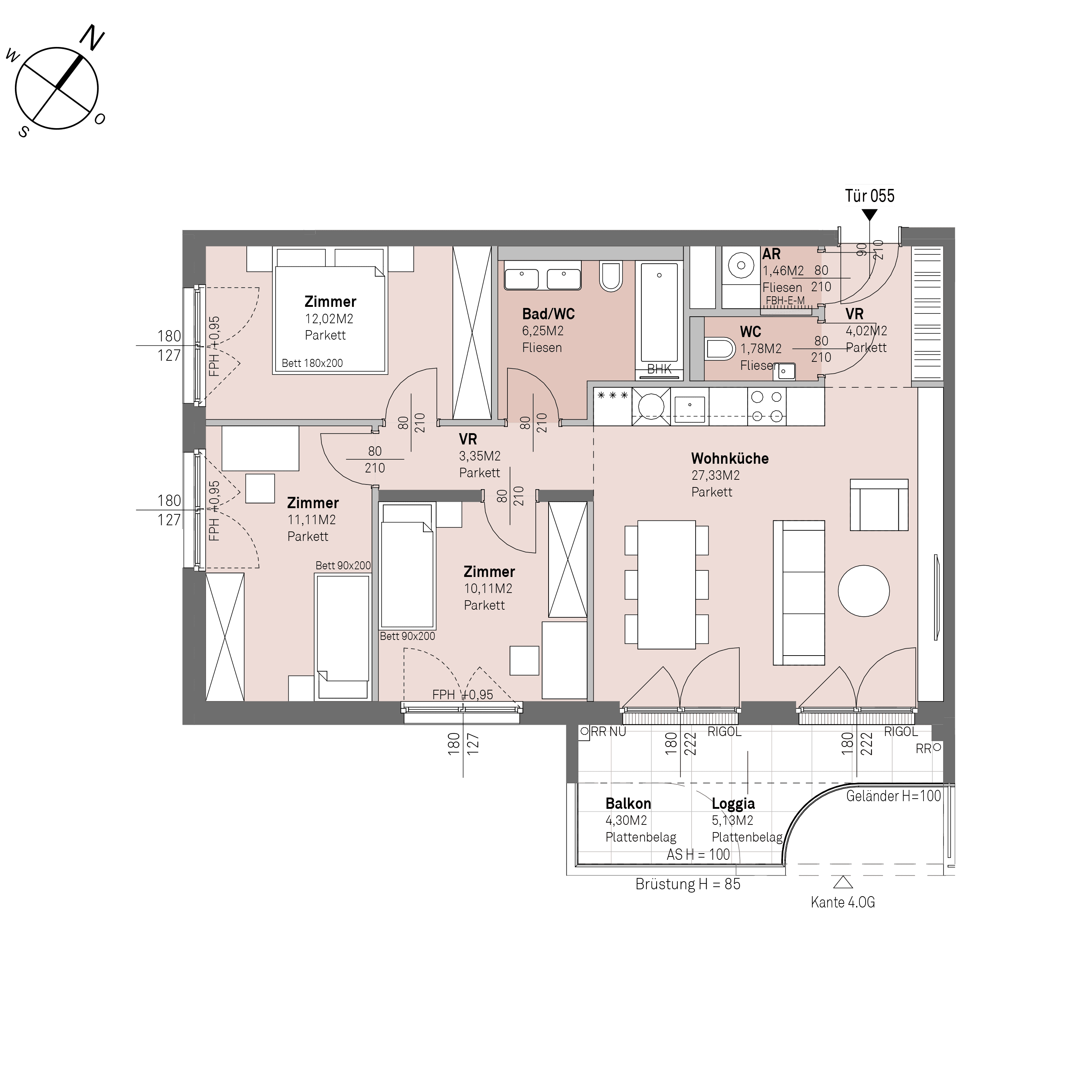 Grundriss Top 2/55 — Traisengasse 20–22 — 4 Zimmer — 77,4 m² — 3rd floor