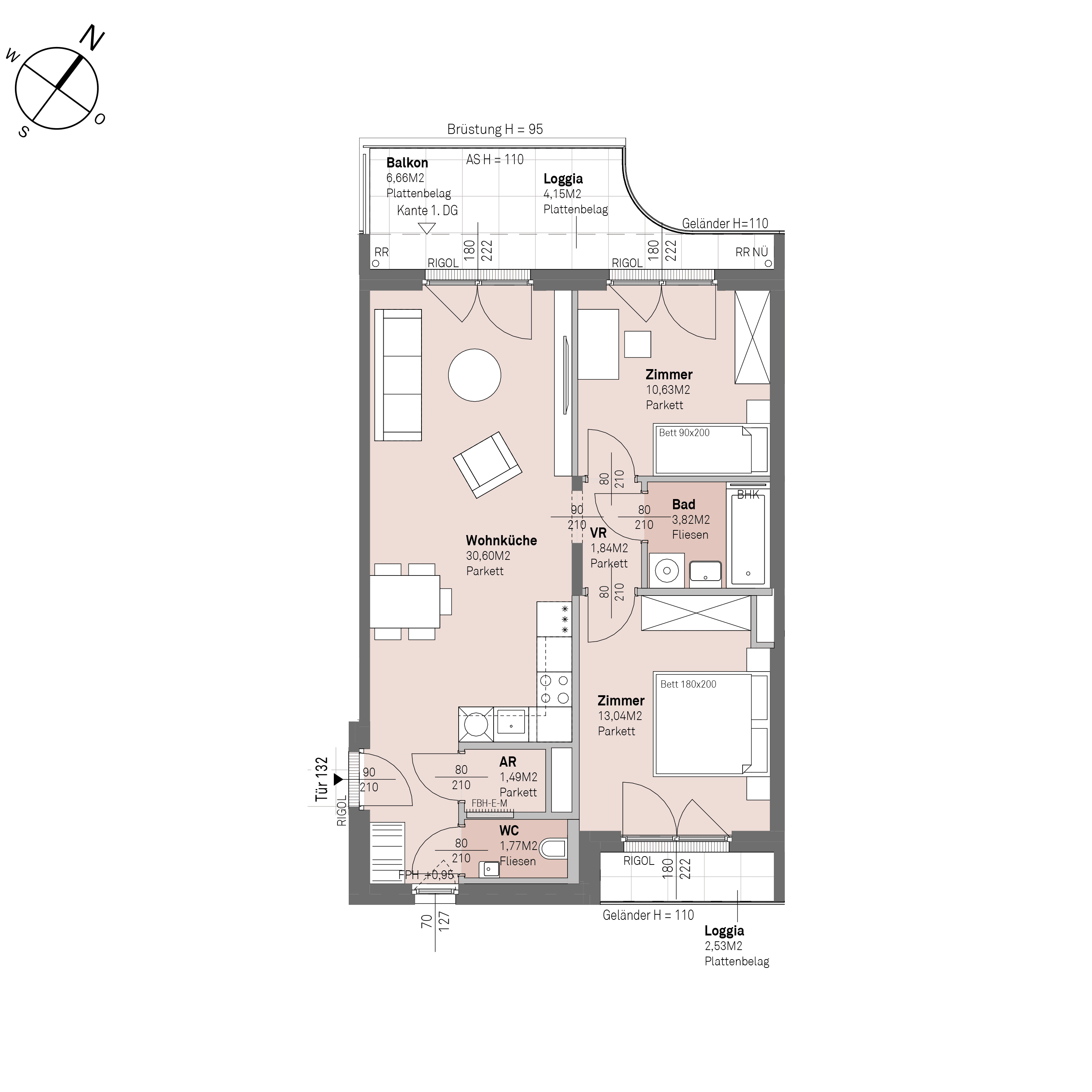 Grundriss Top 2/132 — Traisengasse 20–22 — 2 Zimmer — 63,2 m² — 6th floor — N/W