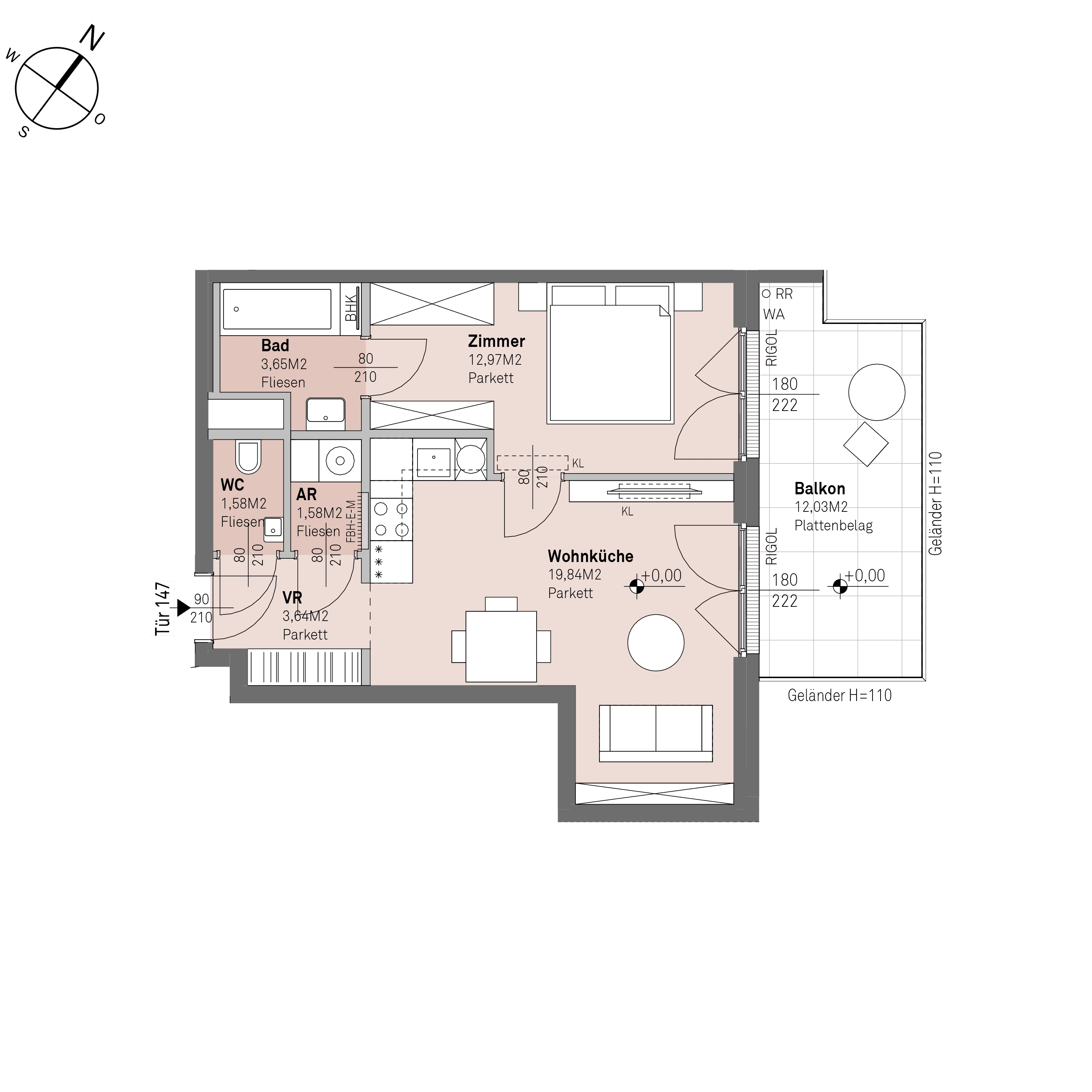 Grundriss Top 2/147 — Traisengasse 20–22 — 2 Zimmer — 43,3 m² — 2nd attic floor — N/O