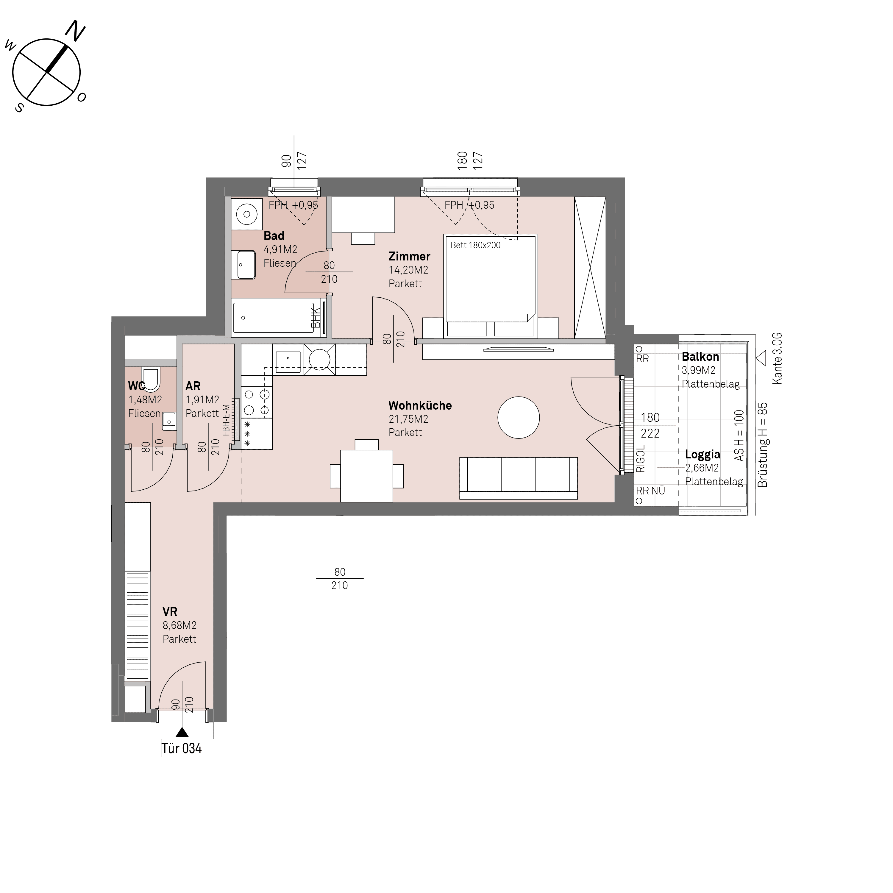 Grundriss Top 1/34 — Traisengasse 20–22 — 2 Zimmer — 52,9 m² — 2nd floor