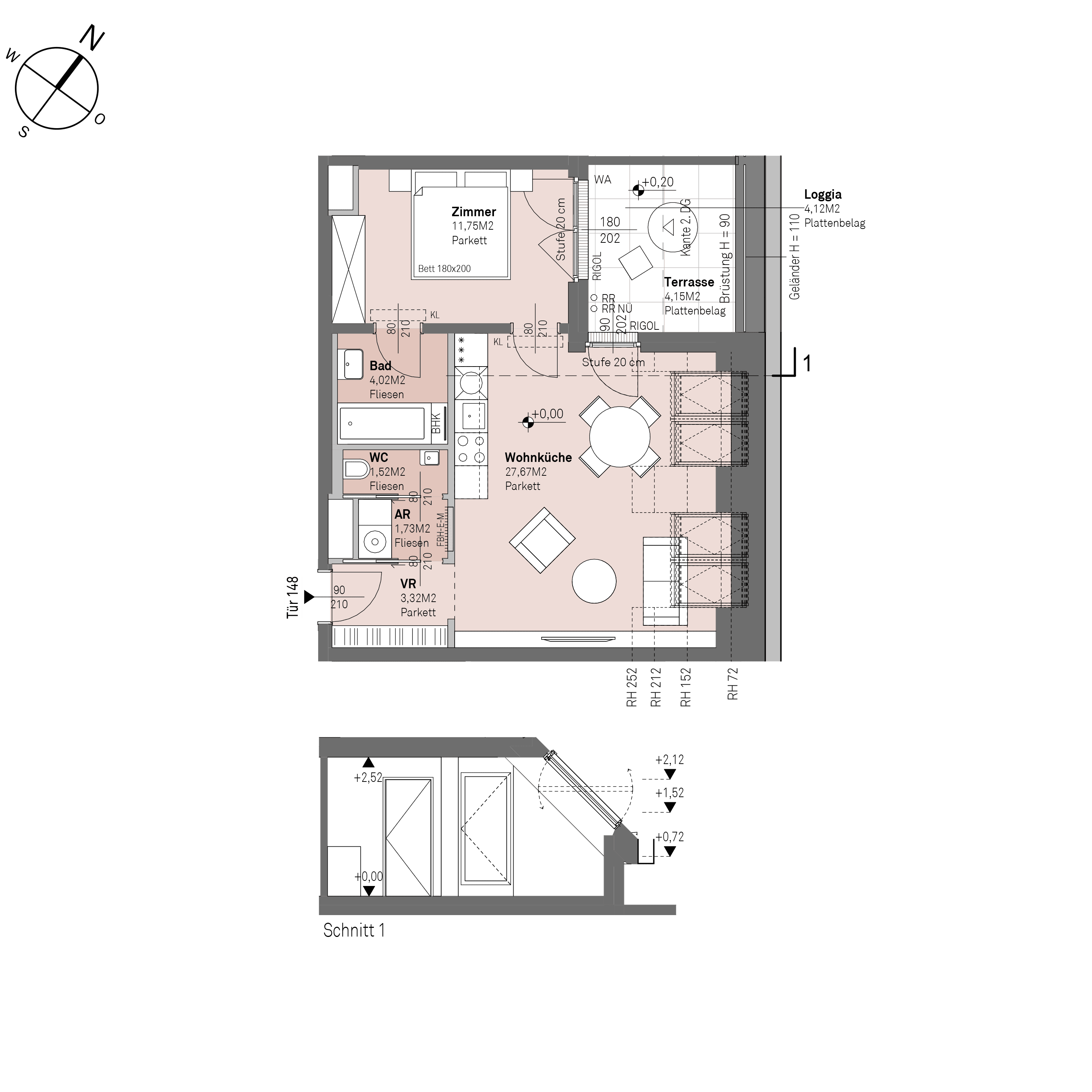 Grundriss Top 1/148 — Traisengasse 20–22 — 2 Zimmer — 50 m² — 1st attic floor — N/O