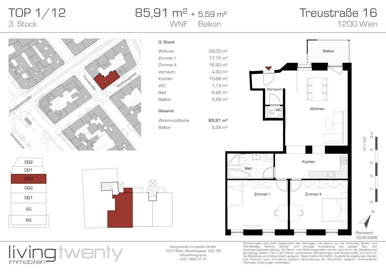 Grundriss Top 1/12 — Treustraße 16 — 3 Zimmer — 86 m² — 3rd floor — Augarten