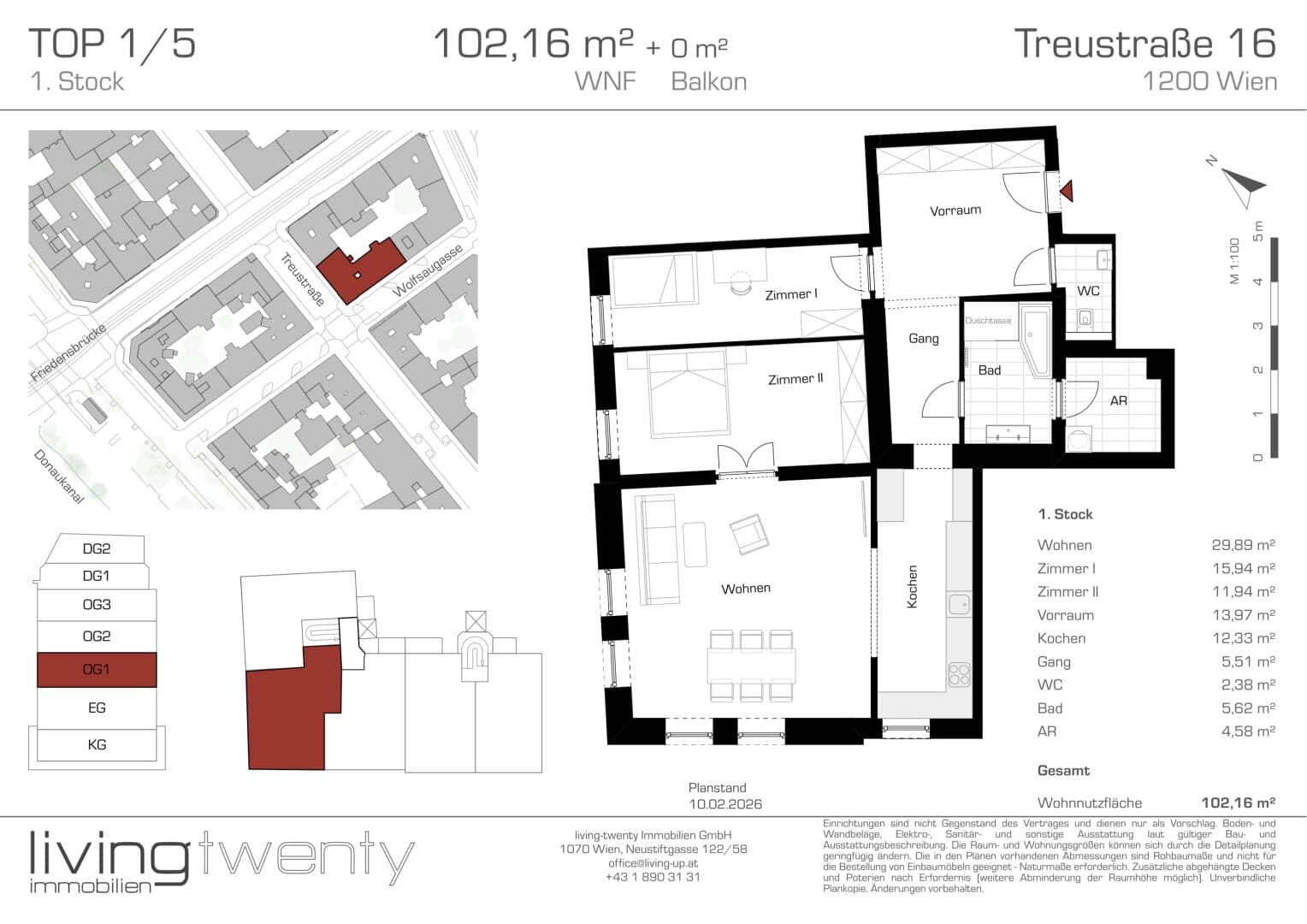 Grundriss Top 1/5 — Treustraße 16 — 3 Zimmer — 102 m² — 1st floor — Augarten